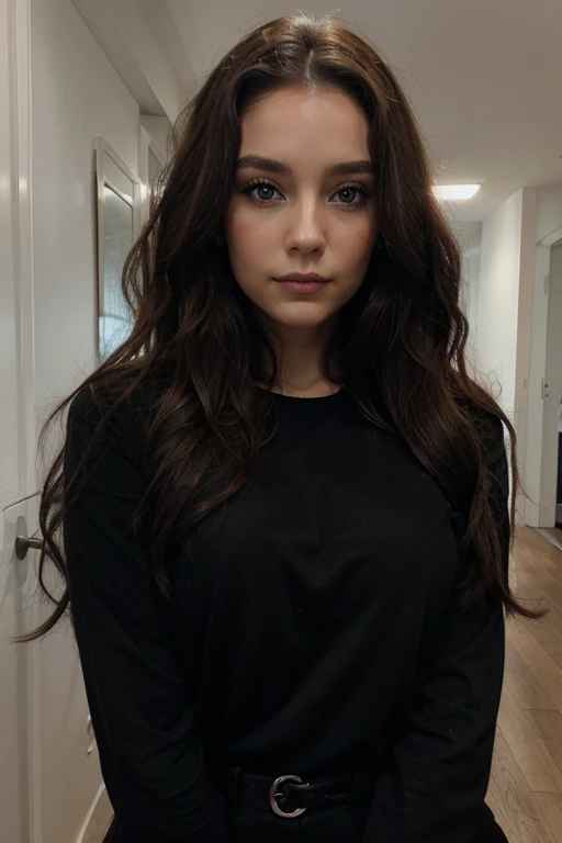 femme de 29 ans, long brown slightly curly hair, yeux bleus, visage parfait, professional makeup like model, C et portant un haut noir