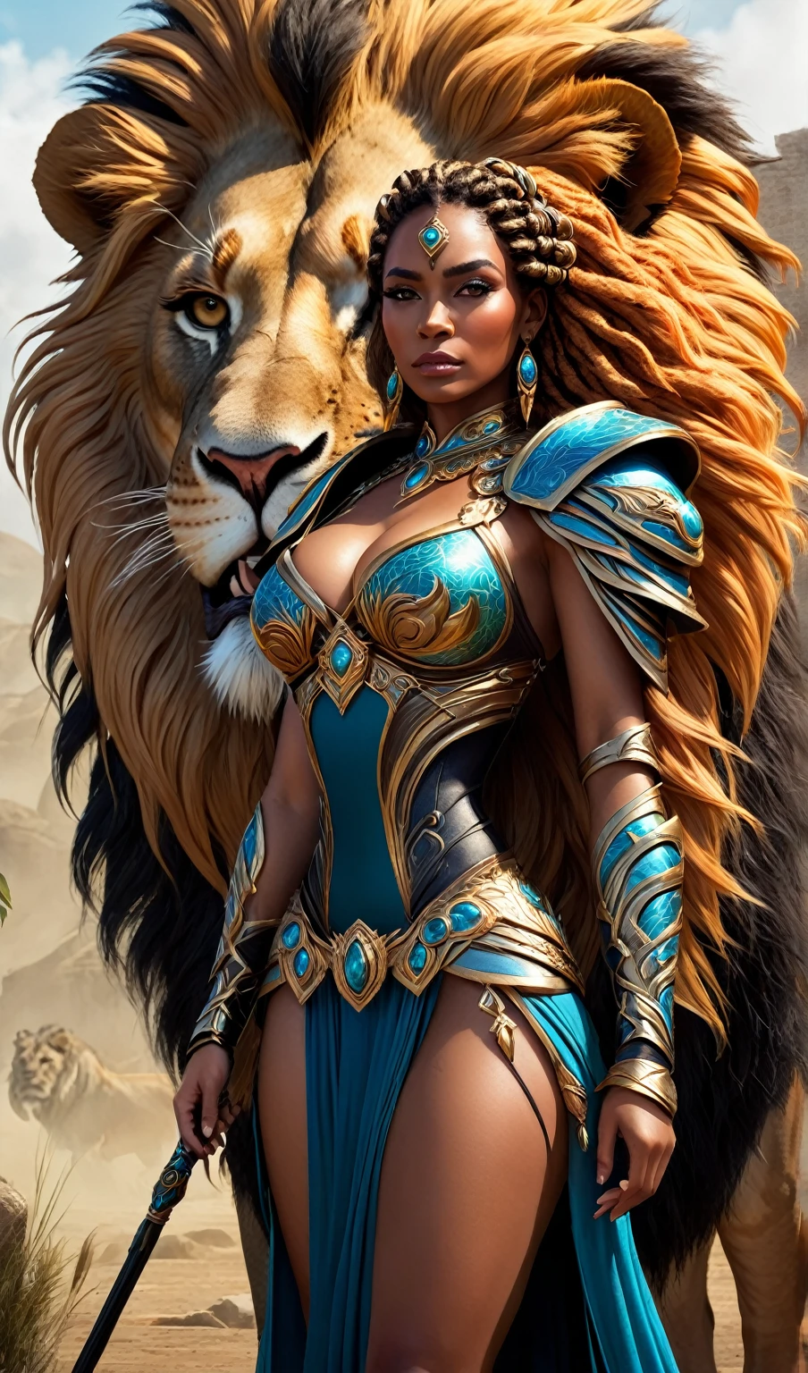 a woman in costume standing next to a lion, Exquisite and epic character art., fantasy character art., impresionante arte de personajes, hyper detailed fantasy character, samira de liga de leyendas, epic fantasy art style, epic fantasy character art., la leona negra suave, complex fantasy character, Epic fantasy style, hermosa diosa de leo, amazing 8k character concept art