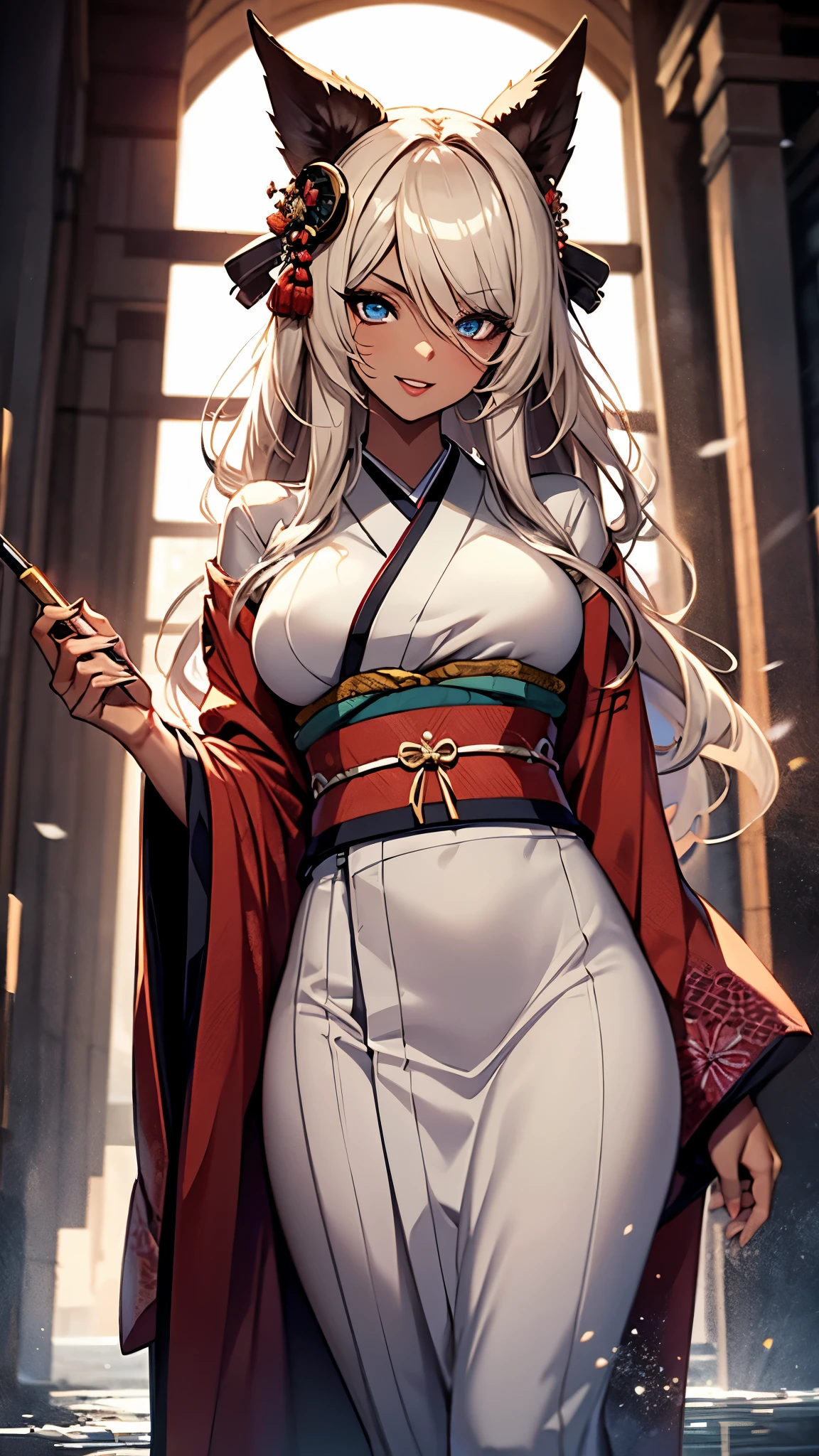 (1girl:1.3), Masterpiece, Best quality, amazing beauty, [[3D]], 4K, absurdres, finely detail, super detailed eye, perfect anatomy, official art, cinematic lighting, BREAK, garden, silky long hair, silky wavy hair, gold hair, super shiny detailed blue eyes, big eyes, watery eyes, cute eyes, thin eyebrow, Looking Over, open-mouth, plump lips, wide smile, mascara, rouge, Eyeshadow, red lips, piercing, Excited, BREAK , huge breasts, tall, slender, black skin, gloss skin, singing, cowboy shot, dutch angle, BREAK , , BREAK,(twelve-layered ceremonial kimono:1.3)