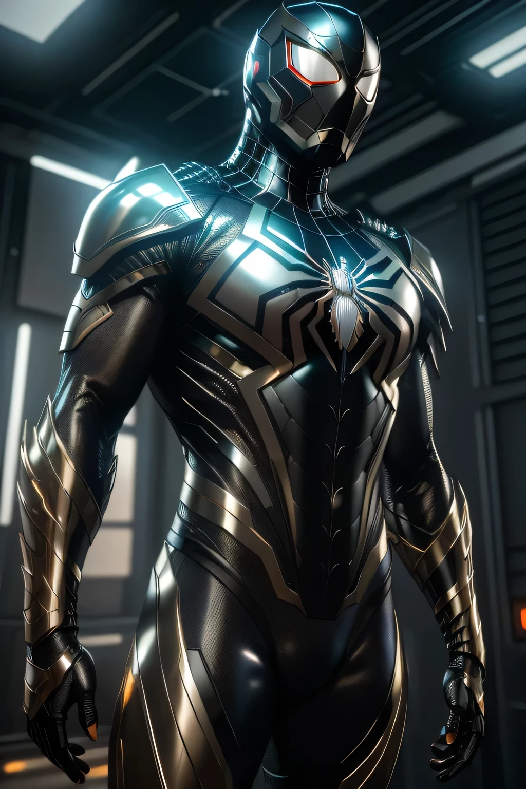 masterpiece, best quality, intricate details, highly detailed raw photography, photorealism, photorealistic, soft focus, volumetric lighting, volumetric shadows, cinematic light, large-scale, 8k-perfect-arnold
1boy, armspiderverse, ((__color__ armored bodysuit)), glowing eyes, helmet, spider web print, ((((__posture_poses__)))) ((__subject-scifi__ background__))