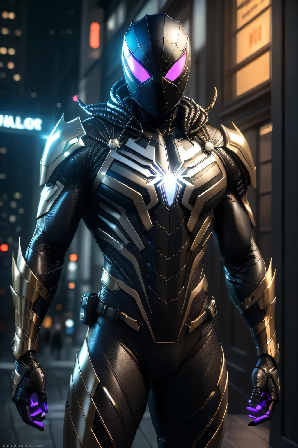 masterpiece, best quality, intricate details, highly detailed raw photography, photorealism, photorealistic, soft focus, volumetric lighting, volumetric shadows, cinematic light, large-scale, 8k-perfect-arnold
1boy, armspiderverse,  ((__color__ armored bodysuit)), glowing eyes, helmet, spider web print, ((((__posture_poses__)))) ((__subject-scifi__ background__)) 