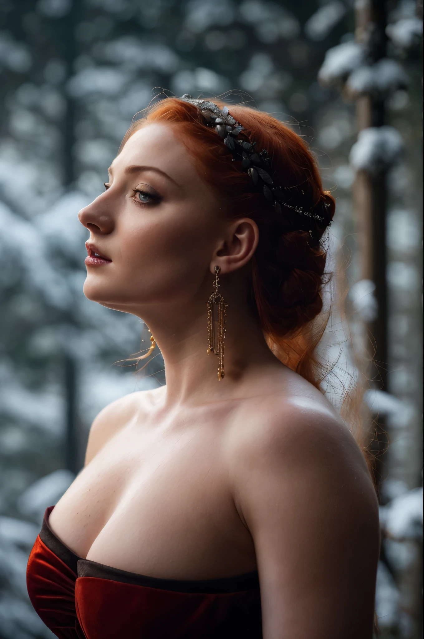 Woman, One, Portrait,  32 year old Russian perfect female figure, Naked, Russian  costume, Armor, , Red hair, Messy hair, Medium hair, Braided hair, Fluffy hair, Long hair, Dark light skin, Forest, Lake, Mountains, Snow, Realism