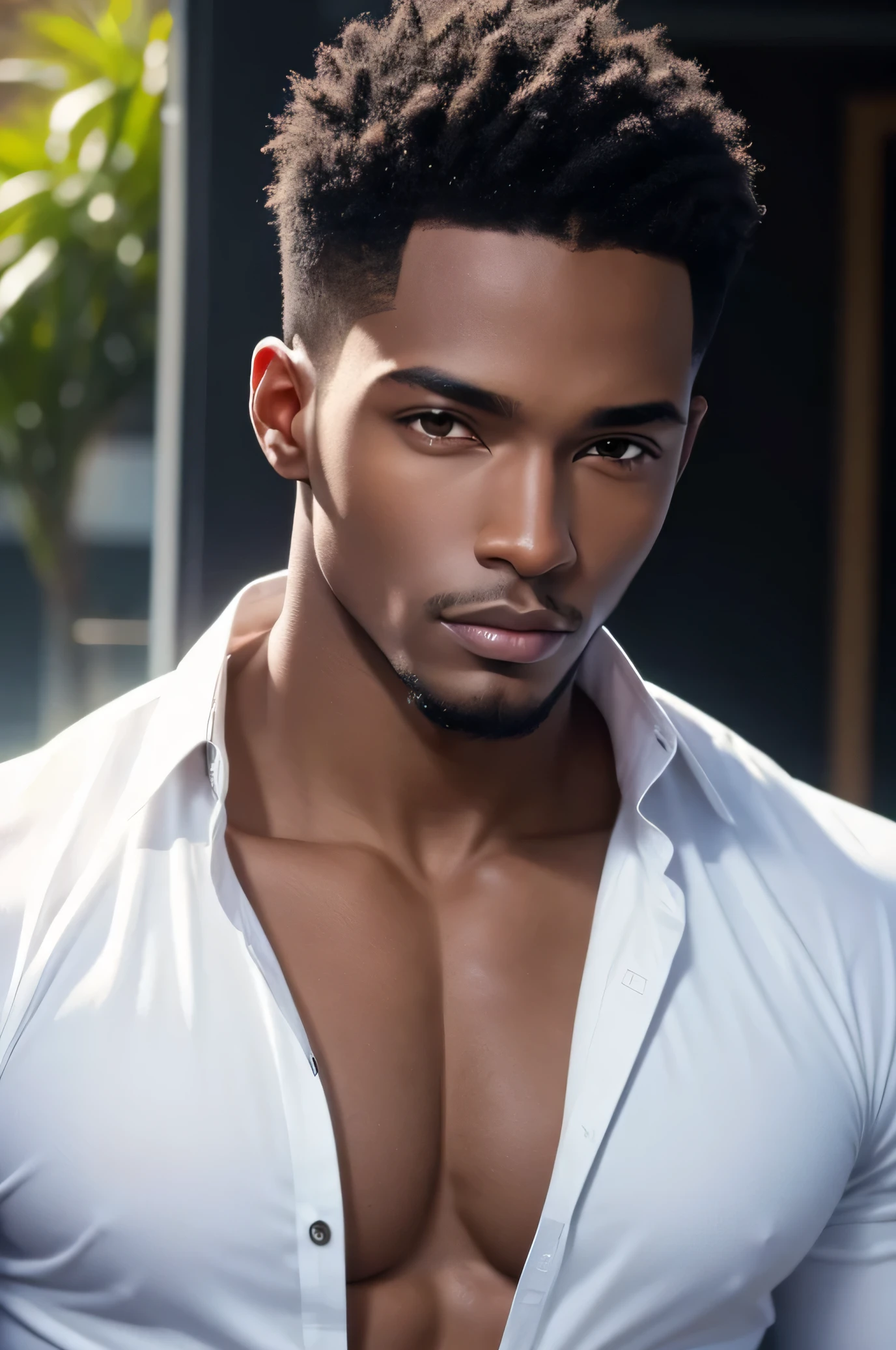 A young man with dark skin:
Middle-parted brown hair, and with a toned body.
eyes browns.
Mustache and goatee.
He must have no clothes