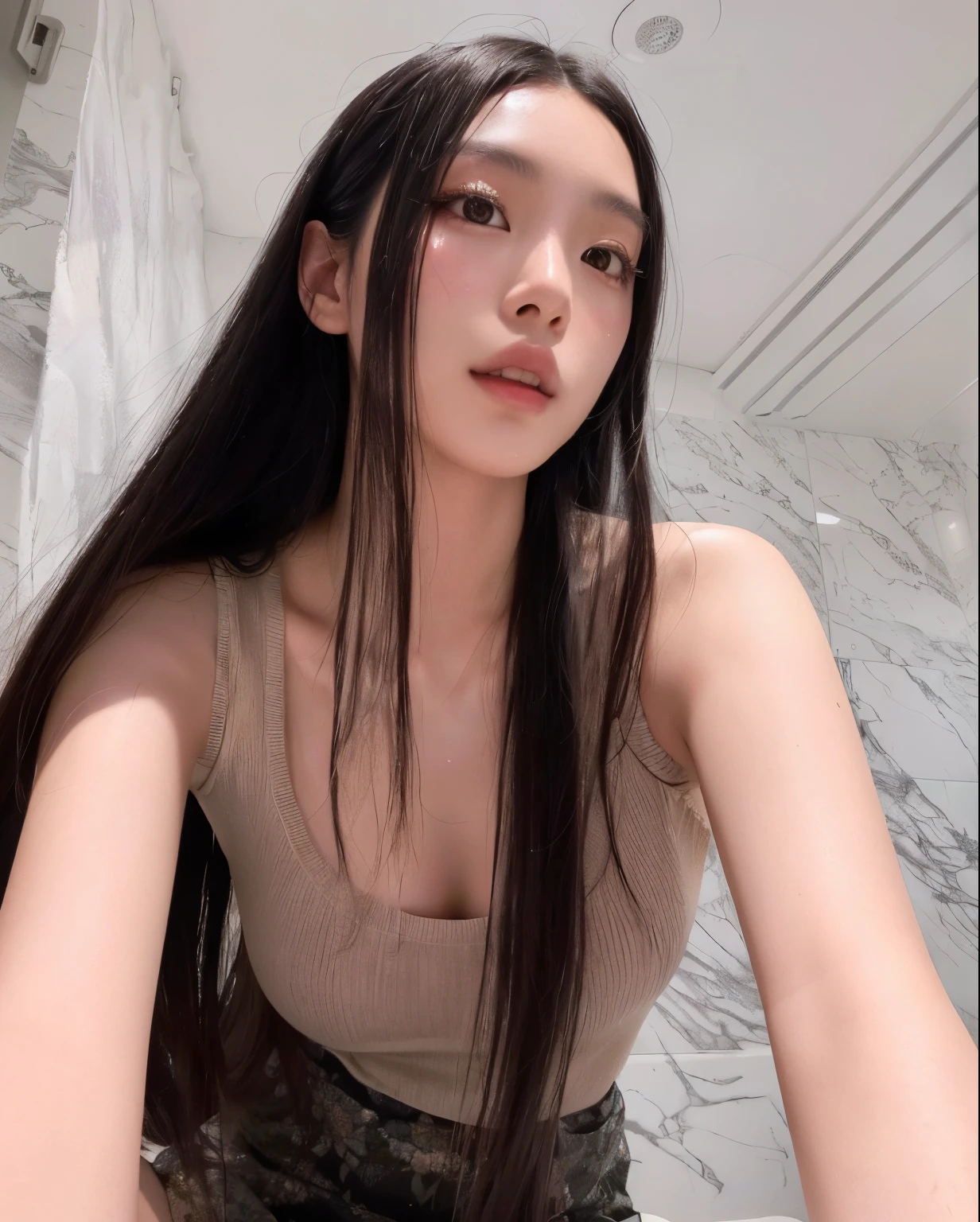 there is a woman sitting on a toilet com cabelo comprido, beautiful chinese model, Sha Xi, Xintong Chen, Wenfei Ye, 2 modelo feminino de 4 anos, Xisionwu, com cabelo comprido, modelo do instagram, asian girl com cabelo comprido, gema chen, Gongbi, Lulu Chen, beautiful asian girl, Yoshitomo Nara