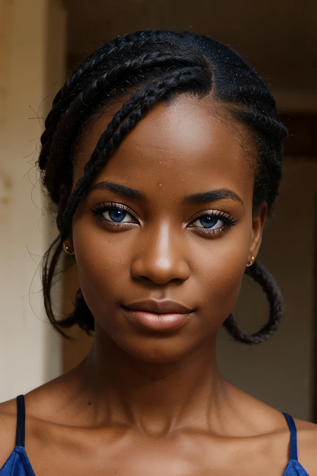 create for me an image of a very beautiful African woman aged 25 with blue eyes