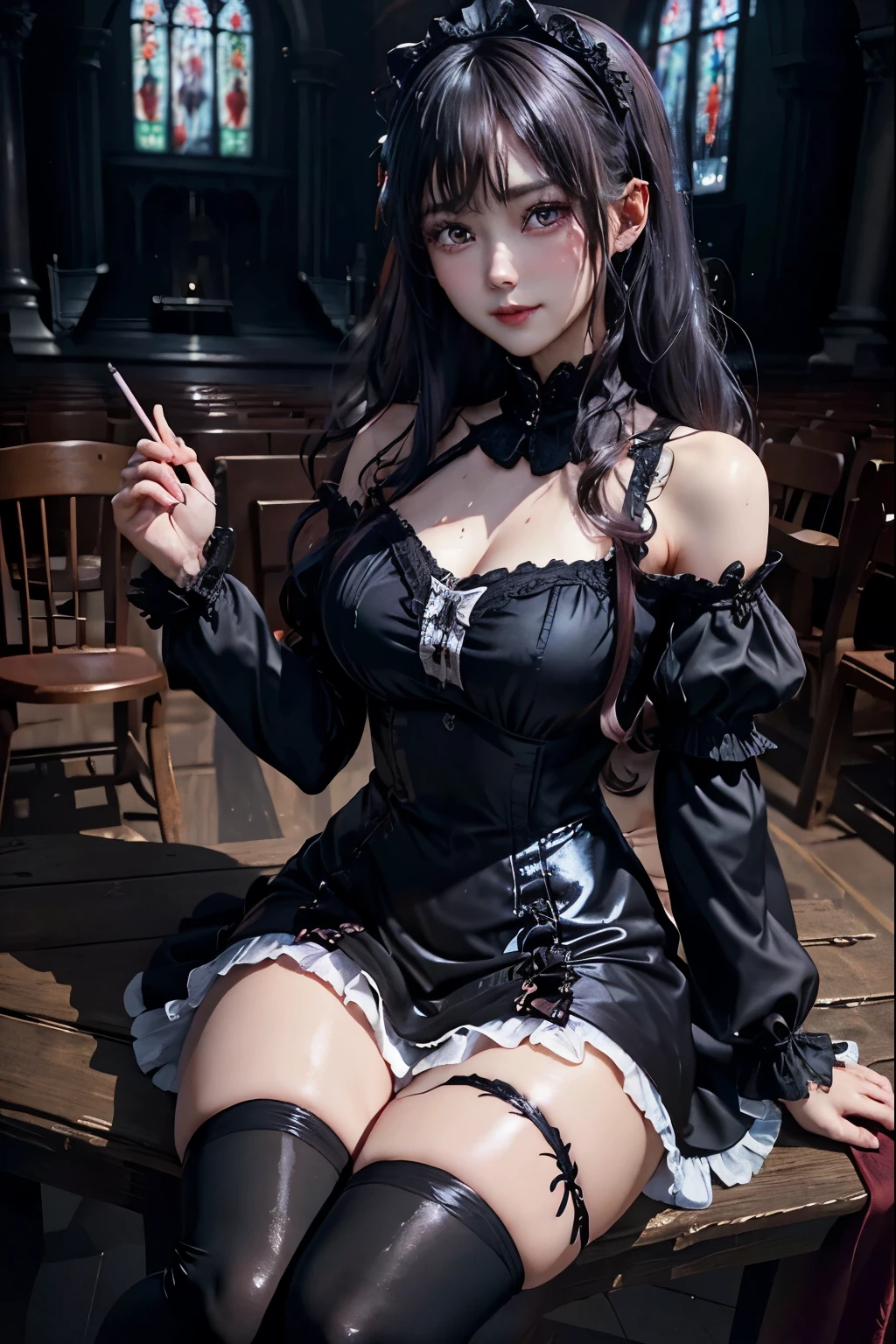 ハードDark Gothicメイク、Deep Night Sky、Horror、Black dark eyeshadow、sad、Good skin radiance、Dark Gothicメイク、Dark smile、palace、24-years-old、Embarrassed look、Dark Gothic、Obscene language、highest quality、Drunk face、紫のMaid clothes、Mysterious、Noble、sexy、Loving smile、Right blue eye, Left eye is red、Platform Heel Shoes、Heavy makeup、Gothic ****ta Clothing、Silver Hair、Long Hair Straight Hair、Cute Gothic ****ta Dress、Beautiful Face、elegant features、Fascinating face、Stained glassが背景、Chest glistening with sweat、The room is dark、gothic long dress、Bell Sleeves、Wizard Sleeve、Decadent look、Sexually excited expression、Glossy thighs wet with water、Thighs that are wet and shiny with oil、Background of a room full of roses、The embroidery is pink、The dress has pink embroidery、Thigh-high socks、Knee-high socks、Gentle expression、Dark black eyeshadow、Stained glassと薔薇背景、Female Duo、Female couple、dark church background、Stained glass、Black metal world、Dark Castle、Slender body、gothic long dress、Maid clothes、Victorian dresses、Her thighs glisten with sweat、My body is wet and shiny、Lots of glitter on the thighs、My thighs are sticky from sweating、Sweat glistens on the thighs, The whole body is sweaty and shiny、Quite sweaty、My thighs are sweaty、My thighs are so wet、My thighs are shining with sweat、A lot of sweat glistens all over the body、Small breasts、Orchestra StageStage、Dynamic Angle、sitting on a gothic chair、Play the violin gracefully、With a violin、Press the violin strings、violinist、orchestra performance、Thin thighs、slender、Violin body and strings、Sit on a chair、pantyhose、Hime cut straight hair、