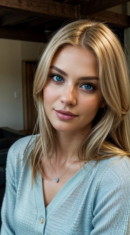A blonde woman in her 30s with blue eyes is taking a selfie while standing. She is looking directly at the camera with a friendly and natural expression. She has long, straight hair and is wearing a casual outfit. The background is a simple indoor setting, possibly a cozy living room or a bright, well-lit room. The image should capture a modern, everyday moment with a realistic and ultra-high-quality look. Everything in the image, including the woman, her expression, and the setting, should be as realistic as possible, with natural lighting illuminating the scene. The facial details should be extremely detailed and lifelike, with ultra-realistic textures. The eyes should be particularly complex and realistic, showcasing intricate details in texture, hair, glistening effects, and vibrant color. All textures in the image should be enhanced to an ultra-realistic level. Additionally, add a film grain effect (Downtown) to the image to give it a cinematic quality. The image should have the crystal clear quality of a Fujifilm XT3 photograph, with the beautiful face and full standing body framed at the center.