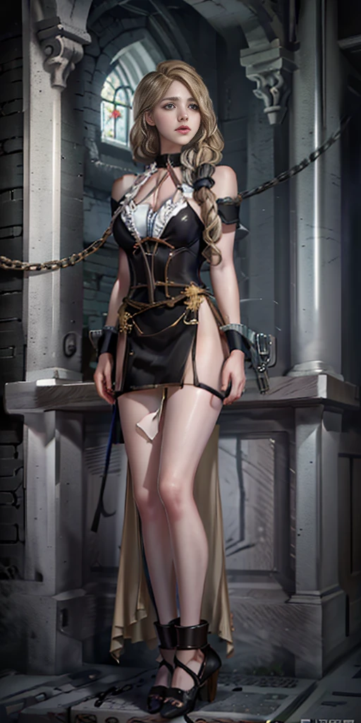 1girl, Mercedes von Martritz from Fire Emblem (masterpiece, best quality), intricate details, 1girl, 1girl in, age19, Solo, Long hair, Colossal, Looking at Viewer, blond hair, (standing full body toe to head by wooden pole:1.2) iron collar, arms behind back, iron cuffs, shackles, bound, harness, o-ring, happy red cheeks, chain leash collar choker neck bell shackles wristbands bracers bracelets, cleave gag, sad face, red cheeks, cryings tears, painful (she was sold and betrayed by her own family after been hitted on face) (inflammations swollen face 😢 💔 😞 😭) 