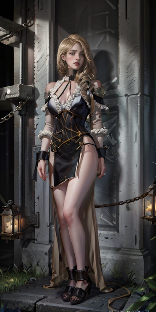 1girl, Mercedes von Martritz from Fire Emblem (masterpiece, best quality), intricate details, 1girl, 1girl in, age19, Solo, Long hair, Colossal, Looking at Viewer, blond hair, (standing full body toe to head by wooden pole:1.2) iron collar, arms behind back, iron cuffs, shackles, bound, harness, o-ring, happy red cheeks, chain leash collar choker neck bell shackles wristbands bracers bracelets, cleave gag, sad face, red cheeks, cryings tears, painful (she was sold and betrayed by her own family after been hitted on face) (inflammations swollen face 😢 💔 😞 😭) 