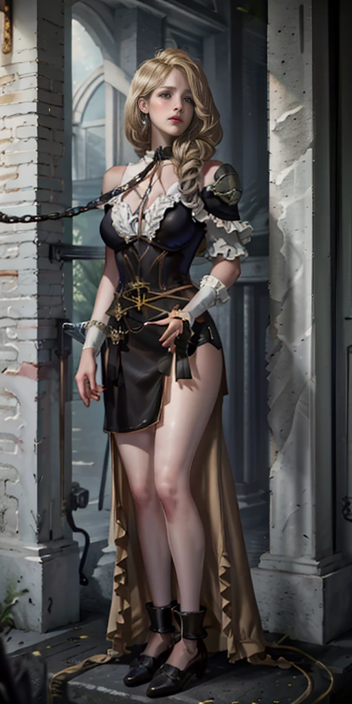 1girl, Mercedes von Martritz from Fire Emblem (masterpiece, best quality), intricate details, 1girl, 1girl in, age19, Solo, Long hair, Colossal, Looking at Viewer, blond hair, (standing full body toe to head by wooden pole:1.2) iron collar, arms behind back, iron cuffs, shackles, bound, harness, o-ring, happy red cheeks, chain leash collar choker neck bell shackles wristbands bracers bracelets, cleave gag, sad face, red cheeks, cryings tears, painful (she was sold and betrayed by her own family after been hitted on face) (inflammations swollen face 😢 💔 😞 😭) 