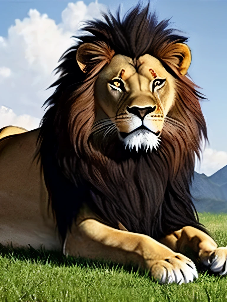 a lion, black hair, red eyes, wings, very monstrous