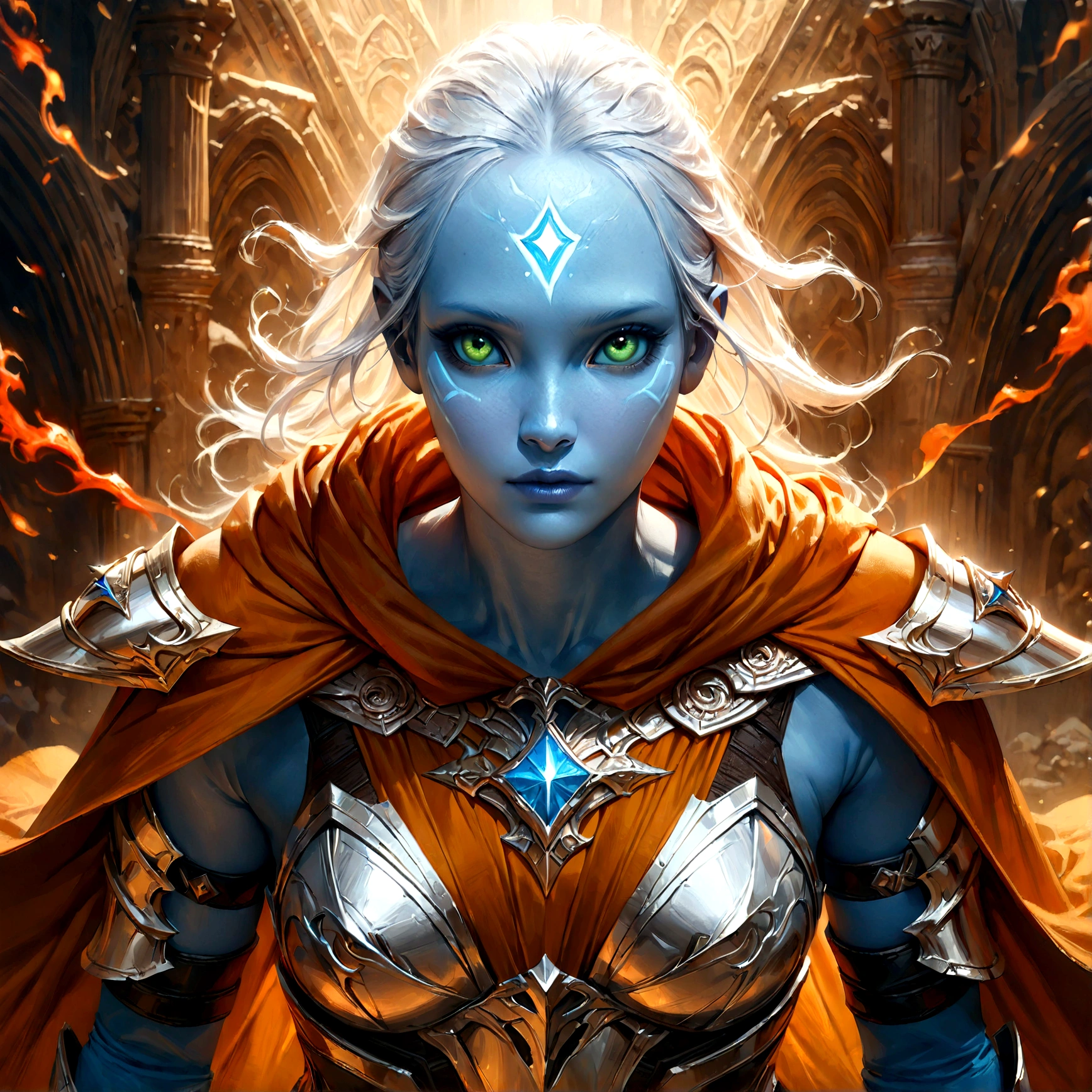 fantasy art, dnd art, RPG art, wide shot, (masterpiece: 1.4) a (portrait: 1.3) intense details, highly detailed, photorealistic, best quality, highres, portrait a female (fantasy art, Masterpiece, best quality: 1.3) ((blue skin: 1.5)), intense details facial details, exquisite beauty, (fantasy art, Masterpiece, best quality) cleric, (blue skinned: 1.3) female, white hair, long hair, (no ears: 1.5), (green eyes: 1.3), armed with a fiery sword red fire, wearing heavy (white armor: 1.3), wearing high heeled laced boots, wearing an (orange cloak:1.3), wearing glowing holy symbol GlowingRunes_yellow, within fantasy temple background, reflection light, high details, best quality, 16k, [ultra detailed], masterpiece, best quality, (extremely detailed), close up, ultra wide shot, photorealistic, RAW, fantasy art, dnd art, fantasy art, realistic art,((best quality)), ((masterpiece)), (detailed), perfect face, Cinematic Hollywood Film style