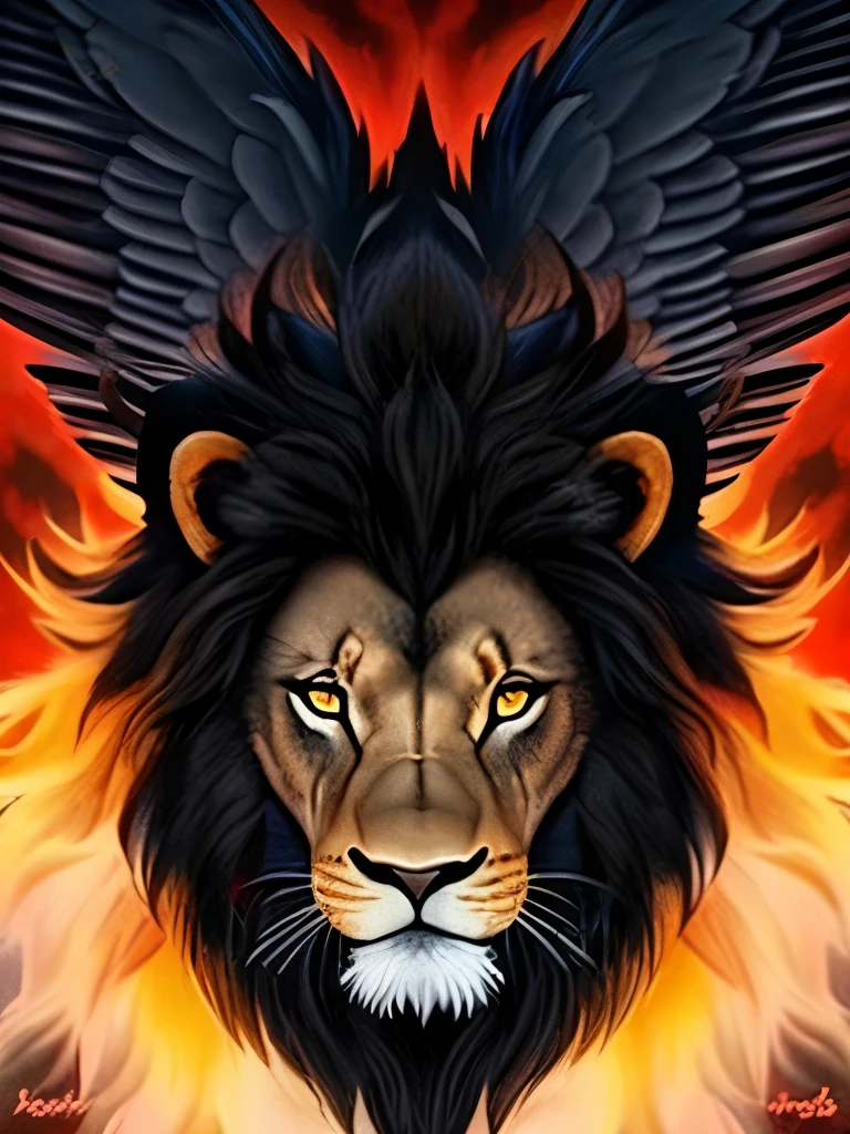 a lion, black hair, red eyes, wings, very monstrous