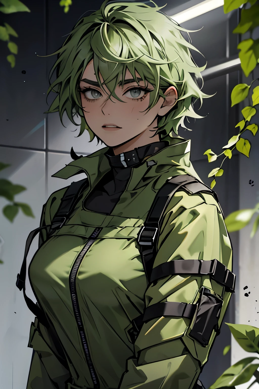 1girl, mid 20s, Short dull green hair, (messy hair), grey eyes, (tired eyes), neutral face, looking at the viewer, Medium skintone, Black tactical jumpsuit, deep scars (left cheek and neck), indoor background with vines.