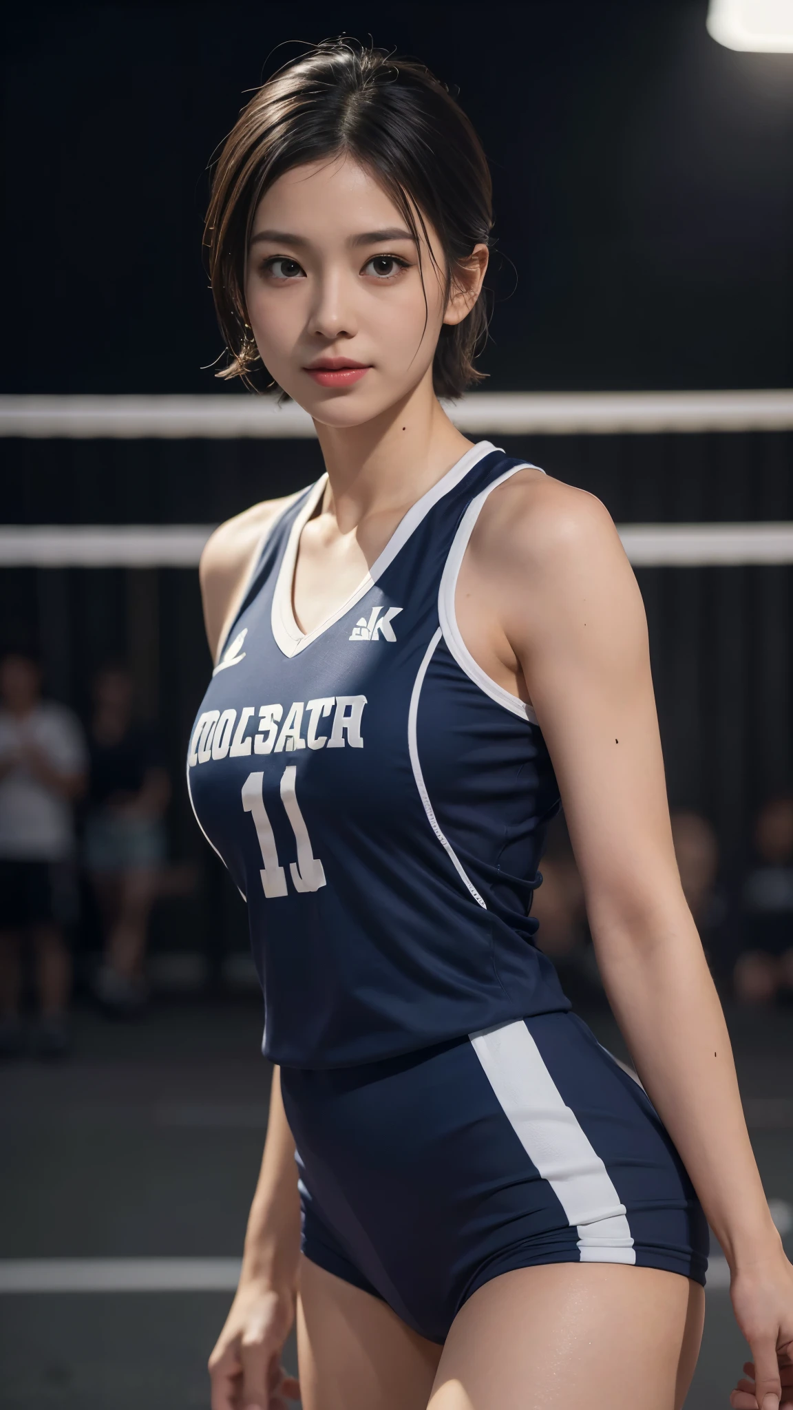 feminine、1 Lady Solo, /(volleyball uniform/), /(dark brown hair/) , A light smile with blushing cheeks, (A masterpiece of the highest quality:1.2) Super detailed and delicate illustrations, BREAK /(Indoor volleyball court/)、short hair