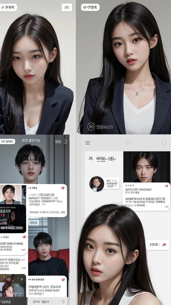  (high quality), (NSFW:1.2), split screen, A delinquent, mature high school girl and a Korean adult man enjoying a smartphone chat app, Her smartphone display shows a number of Korean adult men chatting to a high school girl., Their chat language is English, Men are waiting for her response, popup window, And there&#39;s a man, This man is requesting a chat with her on the smartphone screen. Chat takes place alternately between women and men..