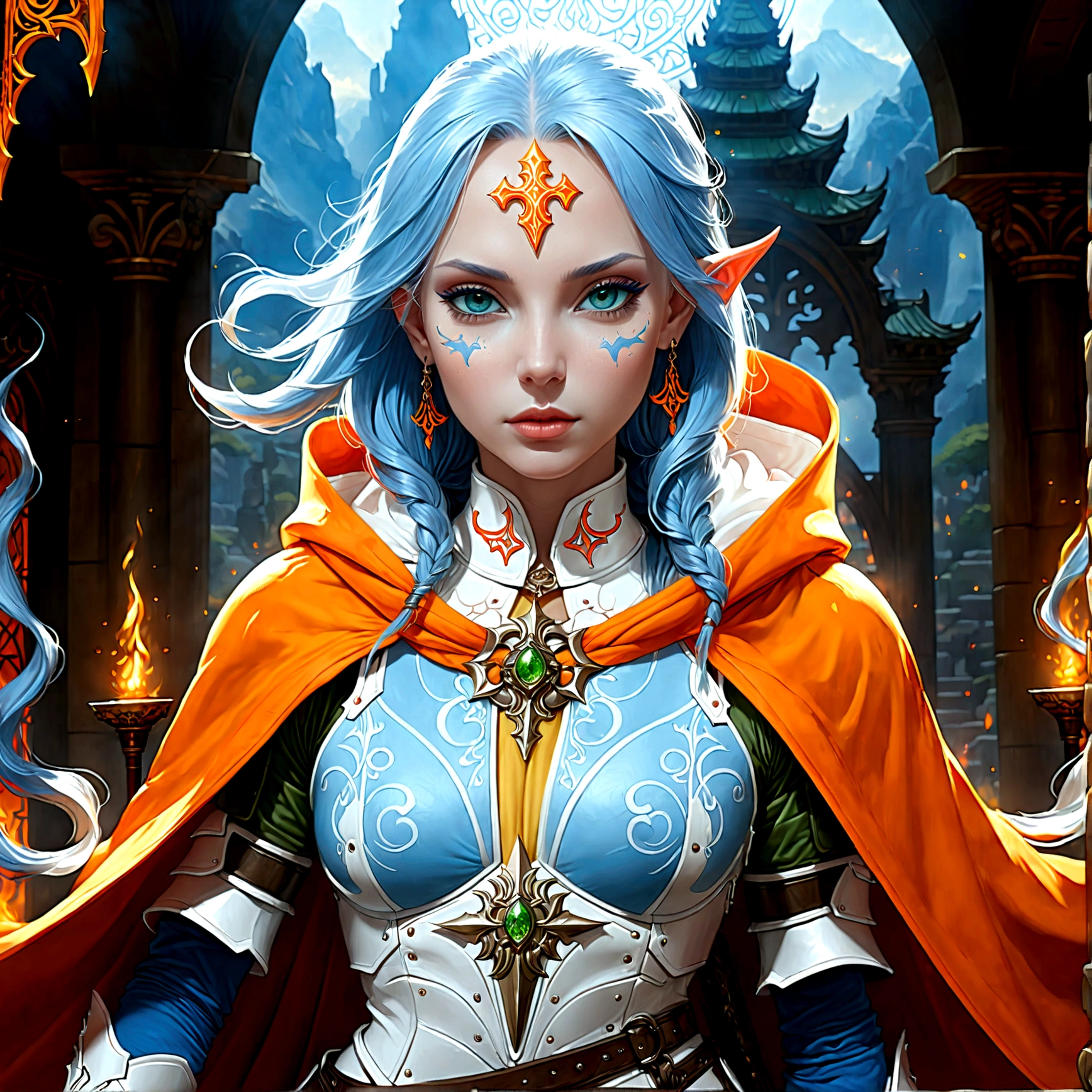 fantasy art, dnd art, RPG art, wide shot, (masterpiece: 1.4) a (portrait: 1.3) intense details, highly detailed, photorealistic, best quality, highres, portrait a female (fantasy art, Masterpiece, best quality: 1.3) ((blue skin: 1.5)), intense details facial details, exquisite beauty, (fantasy art, Masterpiece, best quality) cleric, (blue skinned: 1.3) female, white hair, long hair, (no ears: 1.5), (green eyes: 1.3), armed with a fiery sword red fire, wearing heavy (white armor: 1.3), wearing high heeled laced boots, wearing an (orange cloak:1.3), wearing glowing holy symbol GlowingRunes_yellow, within fantasy temple background, reflection light, high details, best quality, 16k, [ultra detailed], masterpiece, best quality, (extremely detailed), close up, ultra wide shot, photorealistic, RAW, fantasy art, dnd art, fantasy art, realistic art,((best quality)), ((masterpiece)), (detailed), perfect face, Cinematic Hollywood Film style