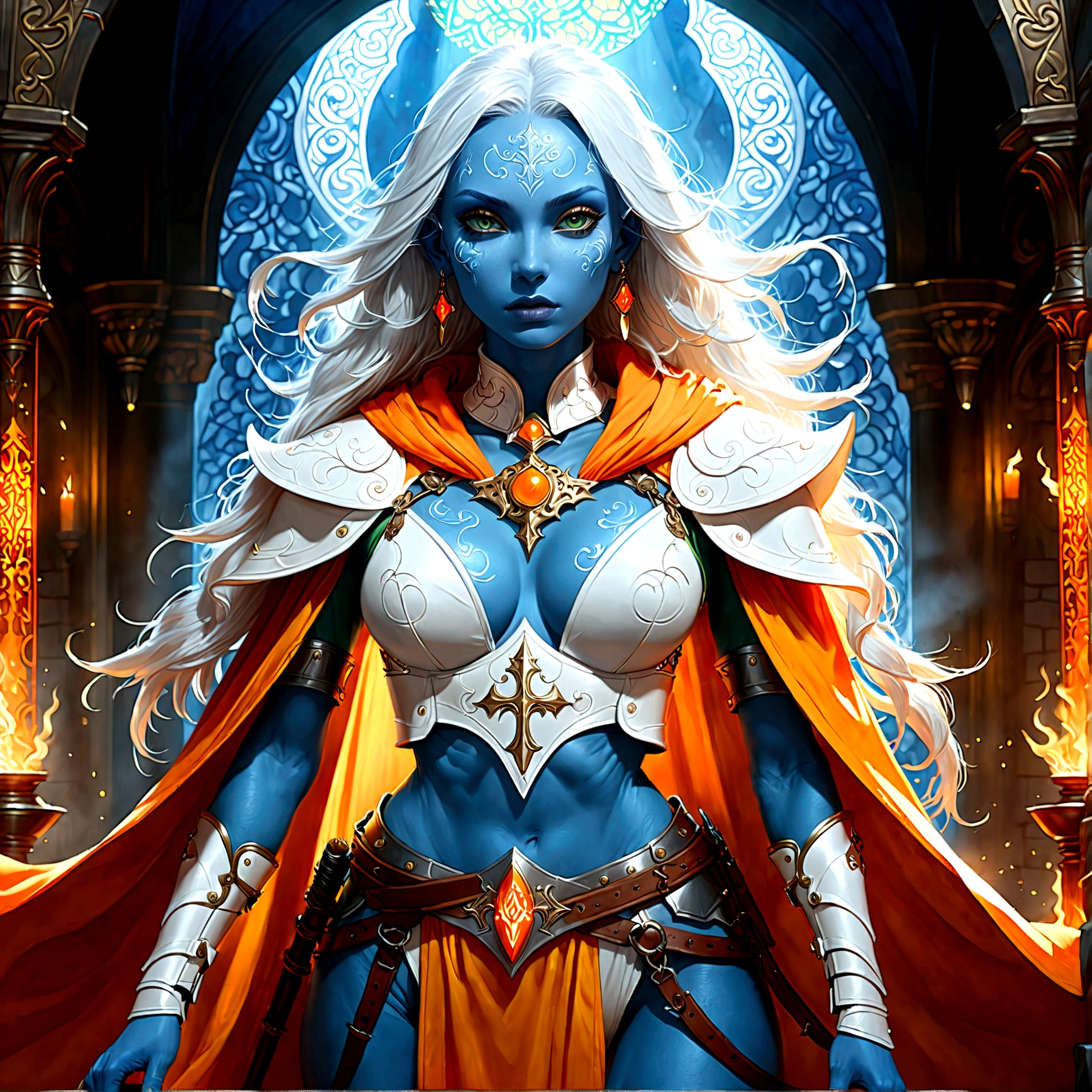 fantasy art, dnd art, RPG art, wide shot, (masterpiece: 1.4) a (portrait: 1.3) intense details, highly detailed, photorealistic, best quality, highres, portrait a female (fantasy art, Masterpiece, best quality: 1.3) ((blue skin: 1.5)), intense details facial details, exquisite beauty, (fantasy art, Masterpiece, best quality) cleric, (blue skinned: 1.3) female, white hair, long hair, (no ears: 1.5), (green eyes: 1.3), armed with a fiery sword red fire, wearing heavy (white armor: 1.3), wearing high heeled laced boots, wearing an (orange cloak:1.3), wearing glowing holy symbol GlowingRunes_yellow, within fantasy temple background, reflection light, high details, best quality, 16k, [ultra detailed], masterpiece, best quality, (extremely detailed), close up, ultra wide shot, photorealistic, RAW, fantasy art, dnd art, fantasy art, realistic art,((best quality)), ((masterpiece)), (detailed), perfect face, Cinematic Hollywood Film style