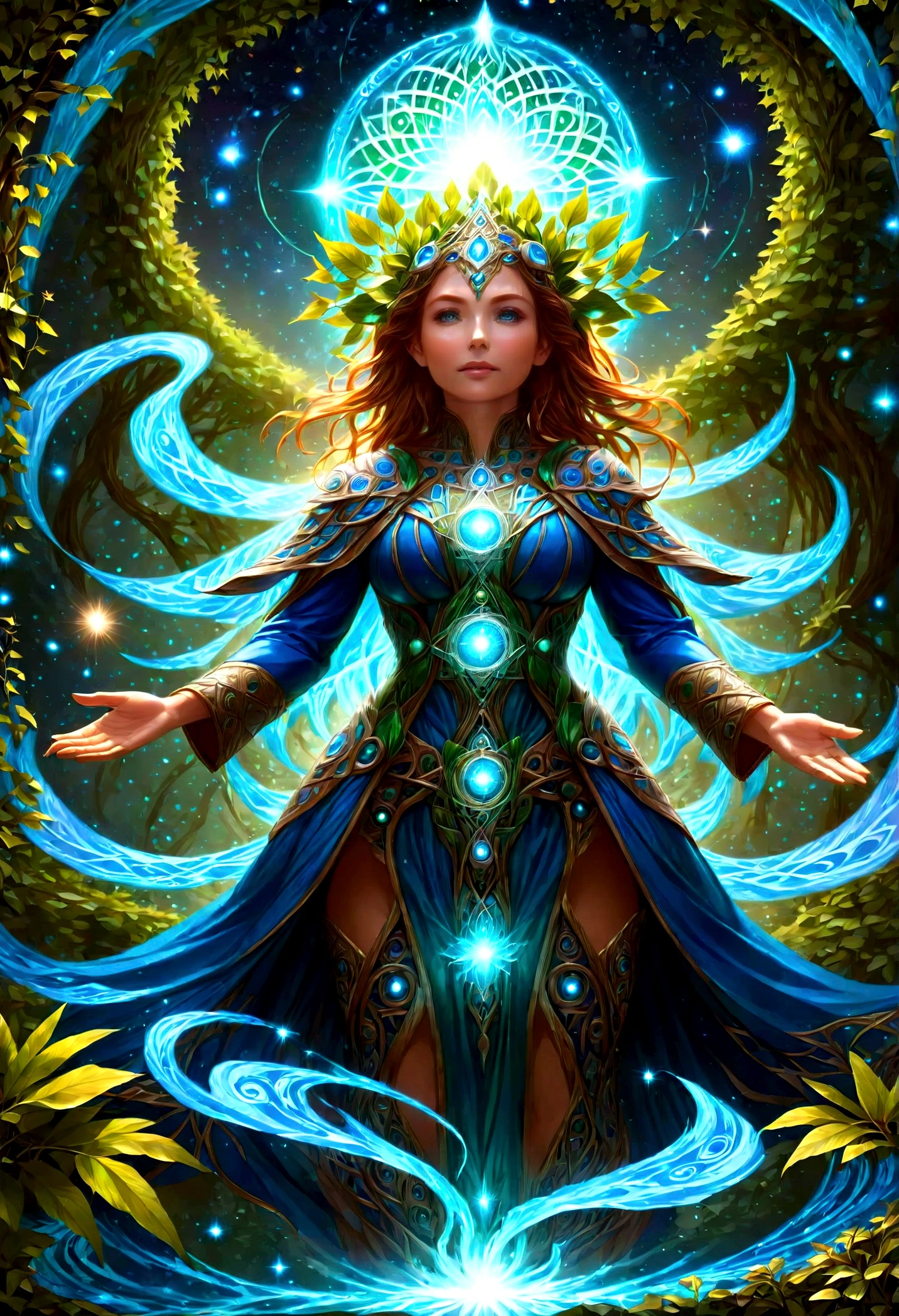 high details, best quality, 16k, [ultra detailed], masterpiece, (extremely detailed), dynamic angle, photorealistic, ((fantasy art)), d&d art, rpg art, realistic art, female human druid of the stars, guardian of nature, controlling magical energy made of stars, swirling blue stary magical light, divine symbols, DruidMagicAI (intricate details, Masterpiece, best quality: 1.5), human female, extremally beautiful, ultra feminine, dynamic hair, dynamic hair color, wearing leather armorת holding a staff, moon light, stars, dynamic natural background, RPG art, magical atmosphere magic-fantasy-forest, ultra best realistic, best details, 16k, [ultra detailed], masterpiece, best quality, (extremely detailed), photorealism, depth of field, hyper realistic painting, Cinematic Hollywood Film style