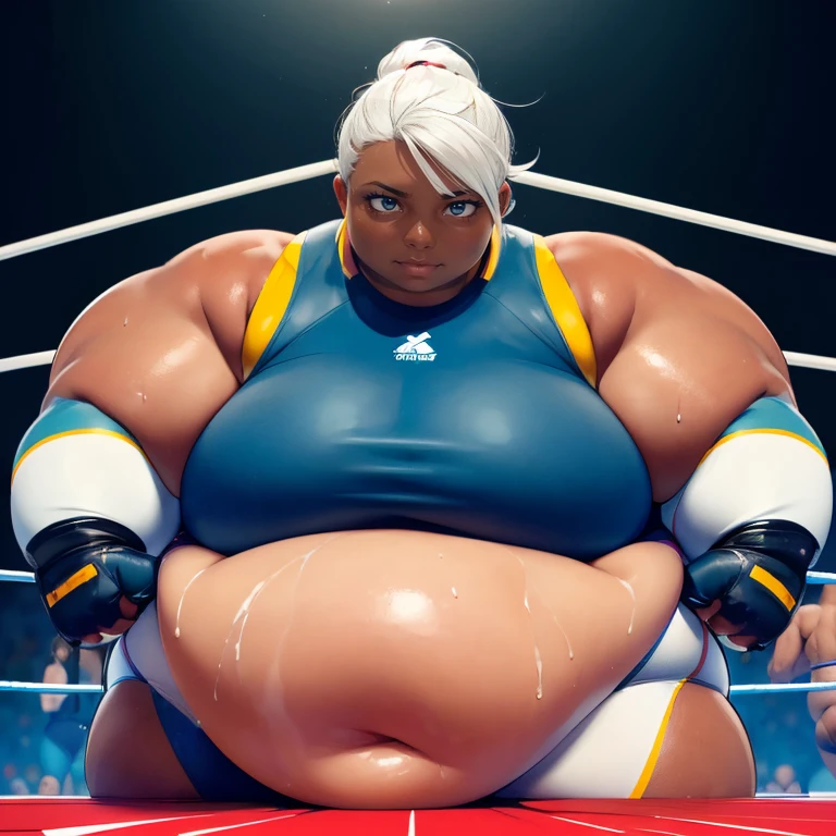 ((Dark skin)), ((dark skinned female)), ((brown skin)) ((giantess)), ((strongfat)), ssbbw, obese, ((strong arms)), ((white hair)), ((blue eyes)), ((tall)), (gentle smile), (wrestling gear), gigantic, insanely large belly, sweaty, subtle blush, (bare arms), ((gigantic biceps)), leotard, fingerless gloves, ((wrestling ring background)), clear face, large eyes, ((heavy shading on lower half of the body)), ((large bicep muscles)), ((looking down at viewer)), ((short viewer perspective))