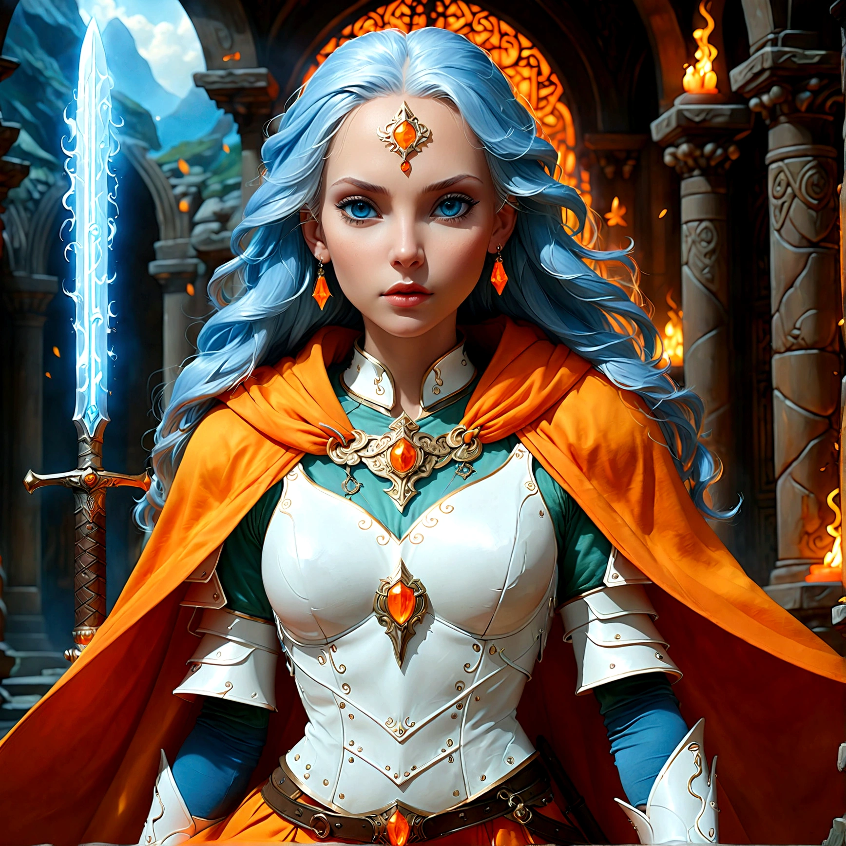 fantasy art, dnd art, RPG art, wide shot, (masterpiece: 1.4) a (portrait: 1.3) intense details, highly detailed, photorealistic, best quality, highres, portrait a female (fantasy art, Masterpiece, best quality: 1.3) ((blue skin: 1.5)), intense details facial details, exquisite beauty, (fantasy art, Masterpiece, best quality) cleric, (blue skinned: 1.3) female, white hair, long hair, (no ears: 1.5), (green eyes: 1.3), armed with a fiery sword red fire, wearing heavy (white armor: 1.3), wearing high heeled laced boots, wearing an (orange cloak:1.3), wearing glowing holy symbol GlowingRunes_yellow, within fantasy temple background, reflection light, high details, best quality, 16k, [ultra detailed], masterpiece, best quality, (extremely detailed), close up, ultra wide shot, photorealistic, RAW, fantasy art, dnd art, fantasy art, realistic art,((best quality)), ((masterpiece)), (detailed), perfect face, Cinematic Hollywood Film style