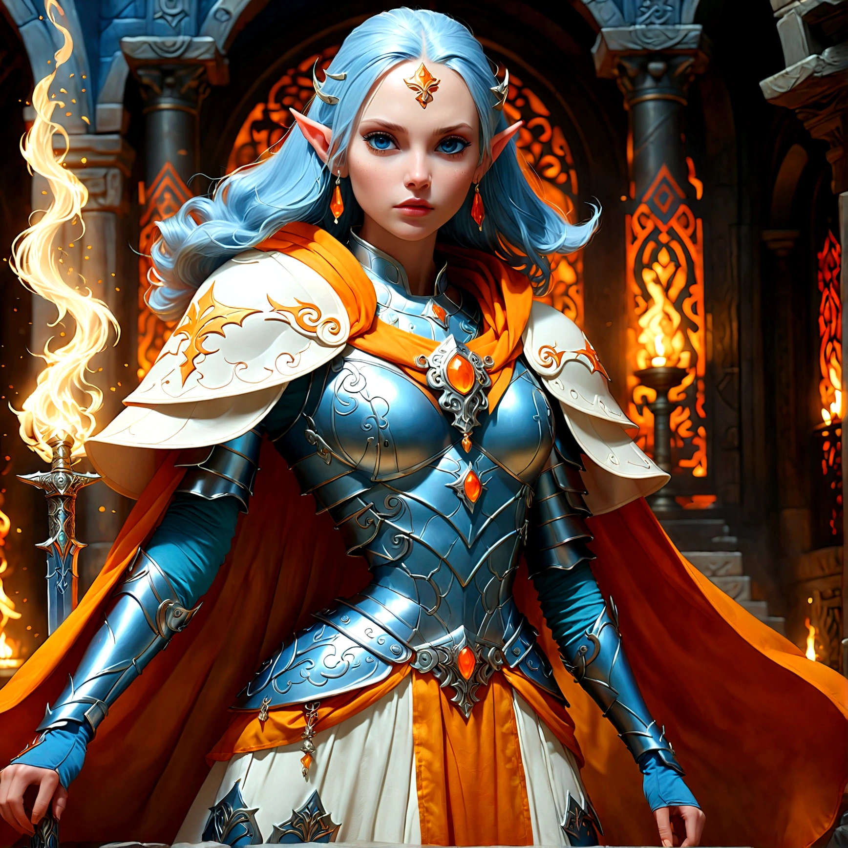 fantasy art, dnd art, RPG art, wide shot, (masterpiece: 1.4) a (portrait: 1.3) intense details, highly detailed, photorealistic, best quality, highres, portrait a female (fantasy art, Masterpiece, best quality: 1.3) ((blue skin: 1.5)), intense details facial details, exquisite beauty, (fantasy art, Masterpiece, best quality) cleric, (blue skinned: 1.3) female, white hair, long hair, (no ears: 1.5), (green eyes: 1.3), armed with a fiery sword red fire, wearing heavy (white armor: 1.3), wearing high heeled laced boots, wearing an (orange cloak:1.3), wearing glowing holy symbol GlowingRunes_yellow, within fantasy temple background, reflection light, high details, best quality, 16k, [ultra detailed], masterpiece, best quality, (extremely detailed), close up, ultra wide shot, photorealistic, RAW, fantasy art, dnd art, fantasy art, realistic art,((best quality)), ((masterpiece)), (detailed), perfect face, Cinematic Hollywood Film style
