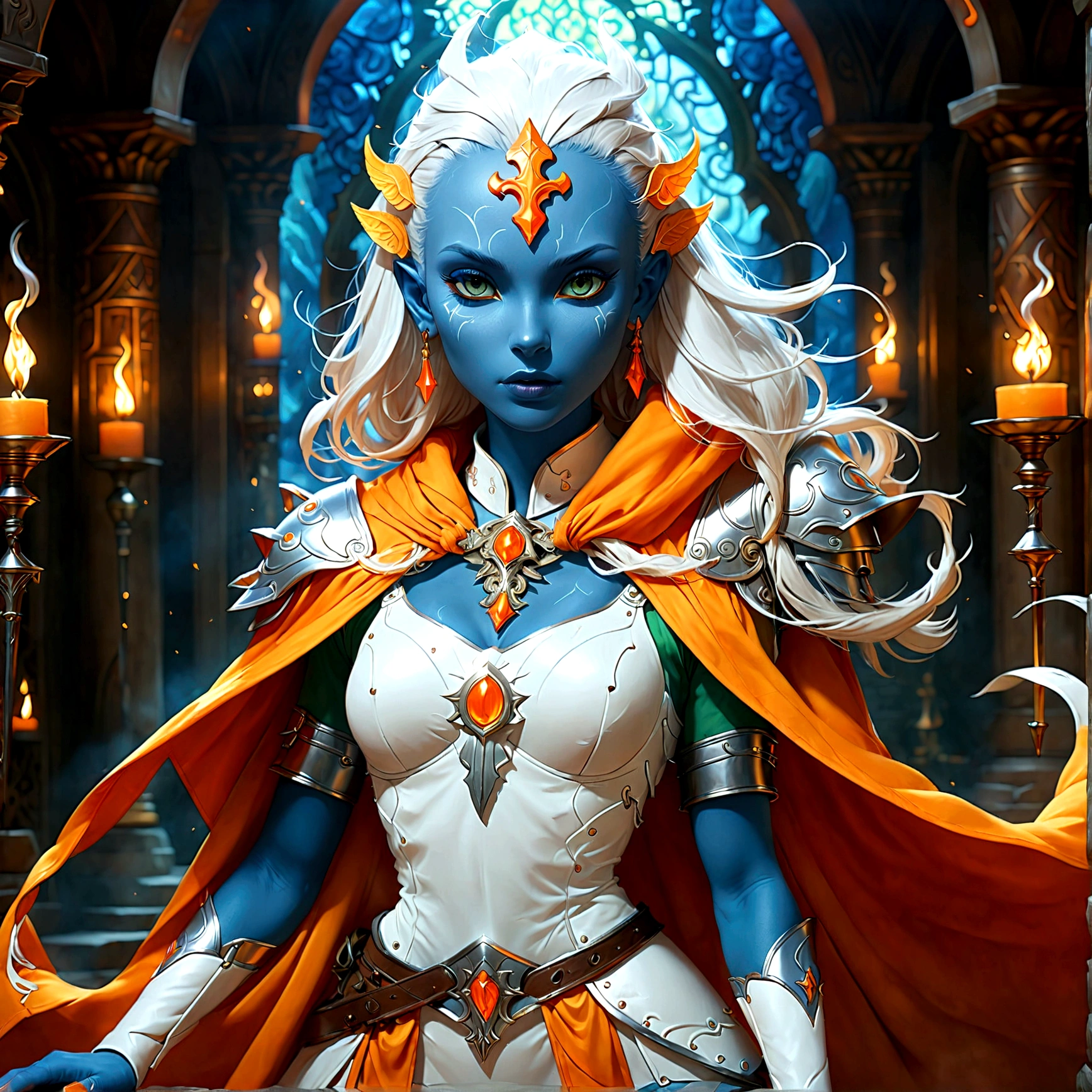 fantasy art, dnd art, RPG art, wide shot, (masterpiece: 1.4) a (portrait: 1.3) intense details, highly detailed, photorealistic, best quality, highres, portrait a female (fantasy art, Masterpiece, best quality: 1.3) ((blue skin: 1.5)), intense details facial details, exquisite beauty, (fantasy art, Masterpiece, best quality) cleric, (blue skinned: 1.3) female, white hair, long hair, (no ears: 1.5), (green eyes: 1.3), armed with a fiery sword red fire, wearing heavy (white armor: 1.3), wearing high heeled laced boots, wearing an (orange cloak:1.3), wearing glowing holy symbol GlowingRunes_yellow, within fantasy temple background, reflection light, high details, best quality, 16k, [ultra detailed], masterpiece, best quality, (extremely detailed), close up, ultra wide shot, photorealistic, RAW, fantasy art, dnd art, fantasy art, realistic art,((best quality)), ((masterpiece)), (detailed), perfect face, Cinematic Hollywood Film style