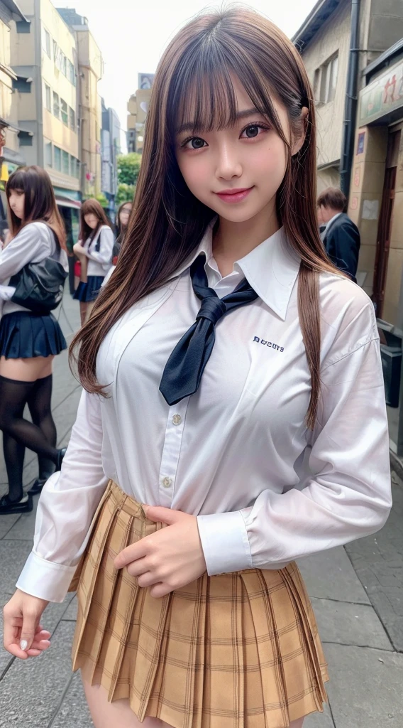 (8k, RAW Photos, highest quality, masterpiece:1.2), (Realistic, photo-Realistic:1.4), (Highly detailed 8k wallpaper), Sharp focus, Depth of written boundary, Boscinematic Lighting, Soft Light,Beautiful eyes in every detail,shiny smooth light brown Long Bob Hair, Asymmetrical bangs, Shiny skin, Highly detailed skin,High resolution, Attention to detail, Detailed hairstyle, Attention to detail美顔, hyper Realistic, Perfect limbs, Perfect Anatomy ,1 Japanese girl,Famous Japanese Idols, Perfect female body, Big Breasts,smile,short eyelashes,double eyelid,Long Bob Hair, (school uniform : 1.3), View Viewer, (Crowded street:1.3),Cowboy Shot