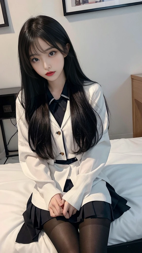 (high quality), (NSFW:1.2), split screen, A delinquent, mature high school girl and a Korean adult man enjoying a smartphone chat app, She has colorful hair, makeup and school_uniform and shiny pantyhose, sits on bed and being chat with men, Her smartphone display shows a number of Korean adult men chatting to a high school girl., Their chat language is English, Men are waiting for her response, popup window, And there is a man, This man is requesting a chat with her on the smartphone screen. Chat takes place alternately between women and men..