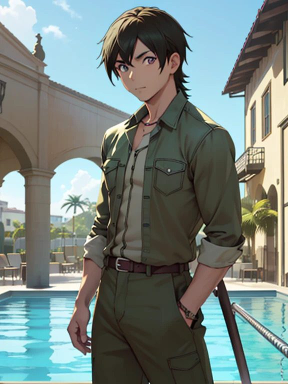  kodaka hasegawa, pelo rubio, muscular, enfoque masculino, pelo multicolor, pelo de dos tonos, (ojos negros:1.3),
ROMPER no shirt, joyas, , belt, collar, pantalones, green shorts, , 
ROMPER outdoors, pool,
ROMPER looking at viewer, (tiro de vaquero:1.5),
ROMPER (obra maestra:1.2), mejor calidad, high resolution, fondo de pantalla de unidad 8k, (ILLUSTRATION:0.8), (Hermosos ojos detallados:1.6), cara extremadamente detallada, perfect lighting, CG extremadamente detallado, (manos perfectas, perfect anatomy),