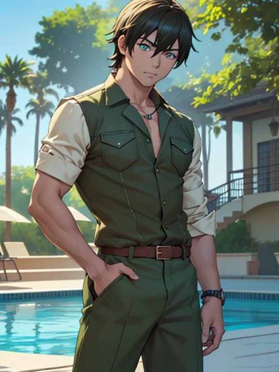  kodaka hasegawa, pelo rubio, muscular, enfoque masculino, pelo multicolor, pelo de dos tonos, (ojos negros:1.3),
ROMPER no shirt, joyas, , belt, collar, pantalones, green shorts, , 
ROMPER outdoors, pool,
ROMPER looking at viewer, (tiro de vaquero:1.5),
ROMPER (obra maestra:1.2), mejor calidad, high resolution, fondo de pantalla de unidad 8k, (ILLUSTRATION:0.8), (Hermosos ojos detallados:1.6), cara extremadamente detallada, perfect lighting, CG extremadamente detallado, (manos perfectas, perfect anatomy),