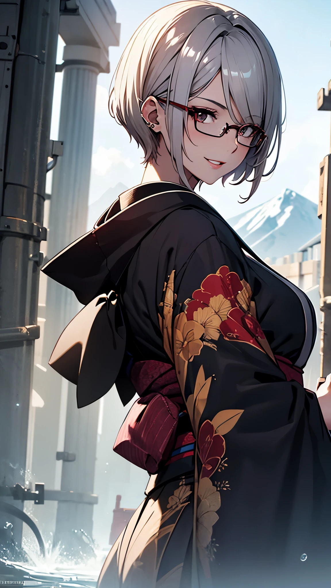 (1girl:1.3), Masterpiece, Best quality, amazing beauty, [[3D]], 4K, absurdres, finely detail, super detailed eye, perfect anatomy, official art, cinematic lighting, BREAK, mountain, rain, silky pixie cut, two side up, parted bang, gray hair, super shiny detailed black eye, big eyes, watery eyes, cute eyes, thick eyebrow, Looking Back, open-mouth, full lips, wide smile, mascara, rouge, False eyelashes, red lips, red round cell frame glasses, piercing, excited face, BREAK , big breasts, tall, slender, white skin, detailed skin, Are standing, from below, Bold composition, Sidelighting, BREAK , (kimono:1.3), BREAK,(Glasses)