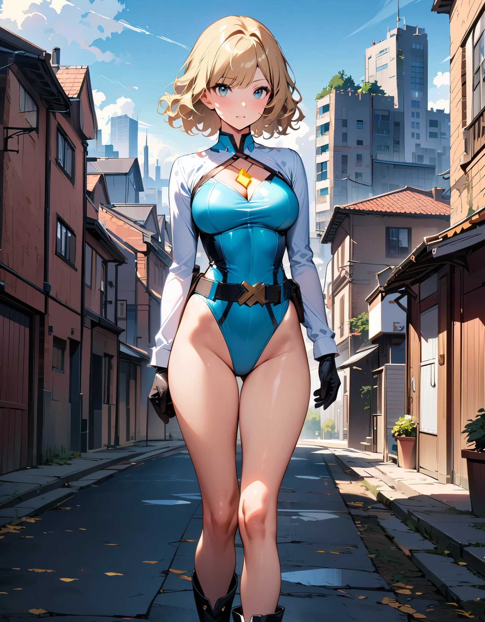 masterpiece, best quality, hires, 1girl, medium breasts, ((leotard, light blue leotard)), long sleeves, (lighting bolt emblem on chest), (bare legs), (fastened tight belt), boots, matching boots, gloves, city backdrop, solo, single, standing, full body shot, cowboy shot, superhero, beautiful detailed eyes, blonde hair, (short hair, wavy hair), high school backdrop, outdoors, mature lady, teacher, perfect body, good proportions