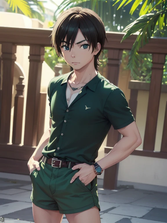  kodaka hasegawa, pelo rubio, muscular, enfoque masculino, pelo multicolor, pelo de dos tonos, (ojos negros:1.3),
ROMPER no shirt, joyas, , belt, collar, pantalones, green shorts, , 
ROMPER outdoors, pool,
ROMPER looking at viewer, (tiro de vaquero:1.5),
ROMPER (obra maestra:1.2), mejor calidad, high resolution, fondo de pantalla de unidad 8k, (ILLUSTRATION:0.8), (Hermosos ojos detallados:1.6), cara extremadamente detallada, perfect lighting, CG extremadamente detallado, (manos perfectas, perfect anatomy),