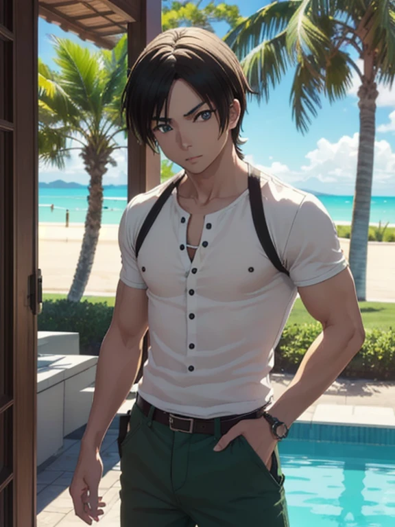  kodaka hasegawa, pelo rubio, muscular, enfoque masculino, pelo multicolor, pelo de dos tonos, (ojos negros:1.3),
ROMPER no shirt, joyas, , belt, collar, pantalones, green shorts, , 
ROMPER outdoors, pool,
ROMPER looking at viewer, (tiro de vaquero:1.5),
ROMPER (obra maestra:1.2), mejor calidad, high resolution, fondo de pantalla de unidad 8k, (ILLUSTRATION:0.8), (Hermosos ojos detallados:1.6), cara extremadamente detallada, perfect lighting, CG extremadamente detallado, (manos perfectas, perfect anatomy),