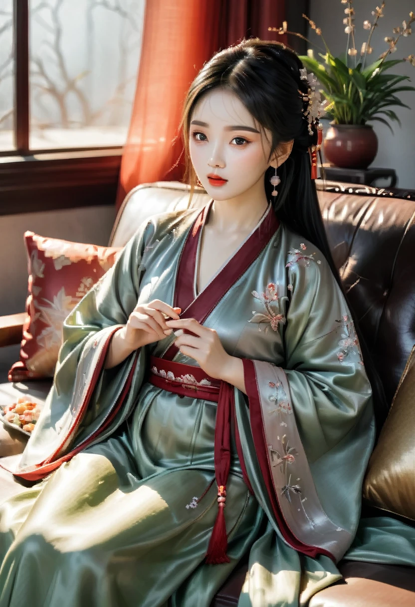 Create super beautiful ancient china woman with long thick hair, thick lips, big bust, beautiful legs, sitting on cozy brown sofa with leather and grey fur. She's only wearing beautiful maroon inner garment with green silk plants embroidery on it. Besides the lady on the sofa there's also cute plump handsome 2 year old boy aka her son in grey short outfits (short male hanfu) the boy is holding a snacks in his plump fingers. Both are sitting on sofa near big bright window shown spring green scenery outside.
