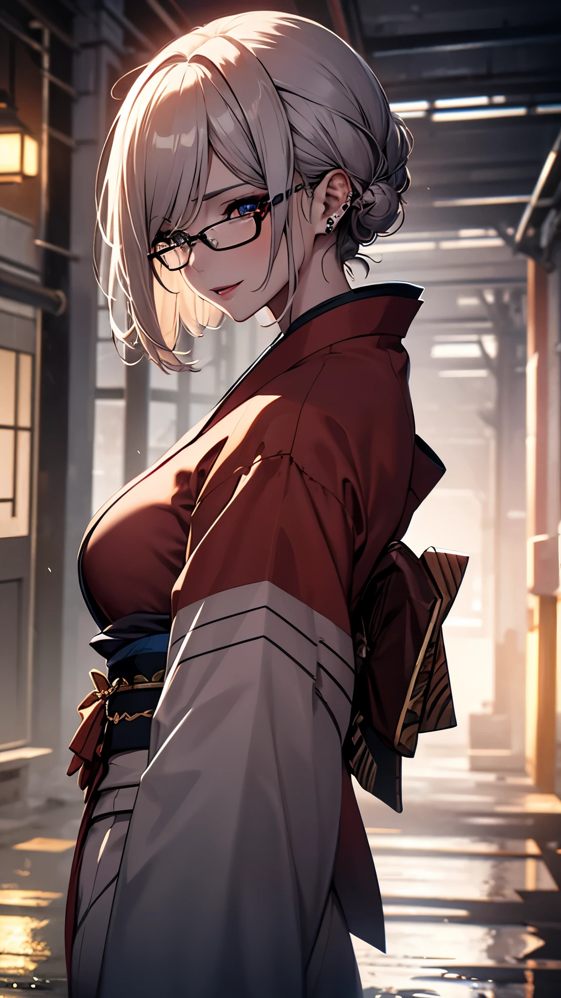 (1girl:1.3), Masterpiece, Best quality, amazing beauty, [[3D]], 4K, absurdres, finely detail, super detailed eye, perfect anatomy, official art, cinematic lighting, BREAK, mountain, rain, silky pixie cut, two side up, parted bang, gray hair, super shiny detailed black eye, big eyes, watery eyes, cute eyes, thick eyebrow, Looking Back, open-mouth, full lips, wide smile, mascara, rouge, False eyelashes, red lips, red round cell frame glasses, piercing, excited face, BREAK , big breasts, tall, slender, white skin, detailed skin, Are standing, from below, Bold composition, Sidelighting, BREAK , (kimono:1.3), BREAK,(Glasses)