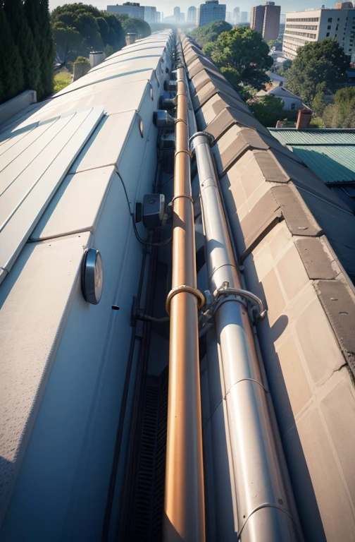 there is a picture of a building with a water heater on the roof, transmitters on roof, low angle camera view, shot from roofline, view from slightly above, very low angle view, front top side view, with vegetation, camera angle from below, very high angle view, 3/4 view from below, wide high angle view, above view