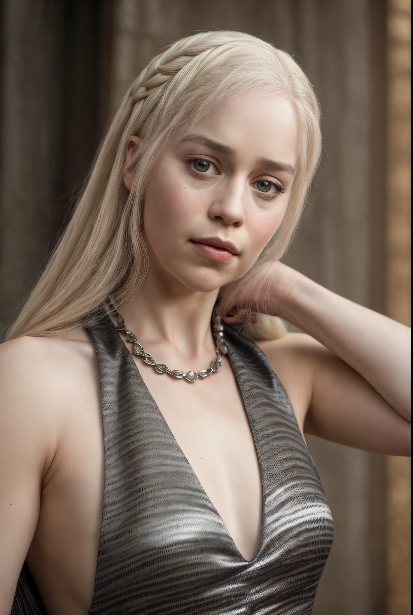 masterpiece, stunning portrait photo of khls woman, sleeveless, ?????? costumes, sensual satin dress, game of thrones inspired costumes, 
  