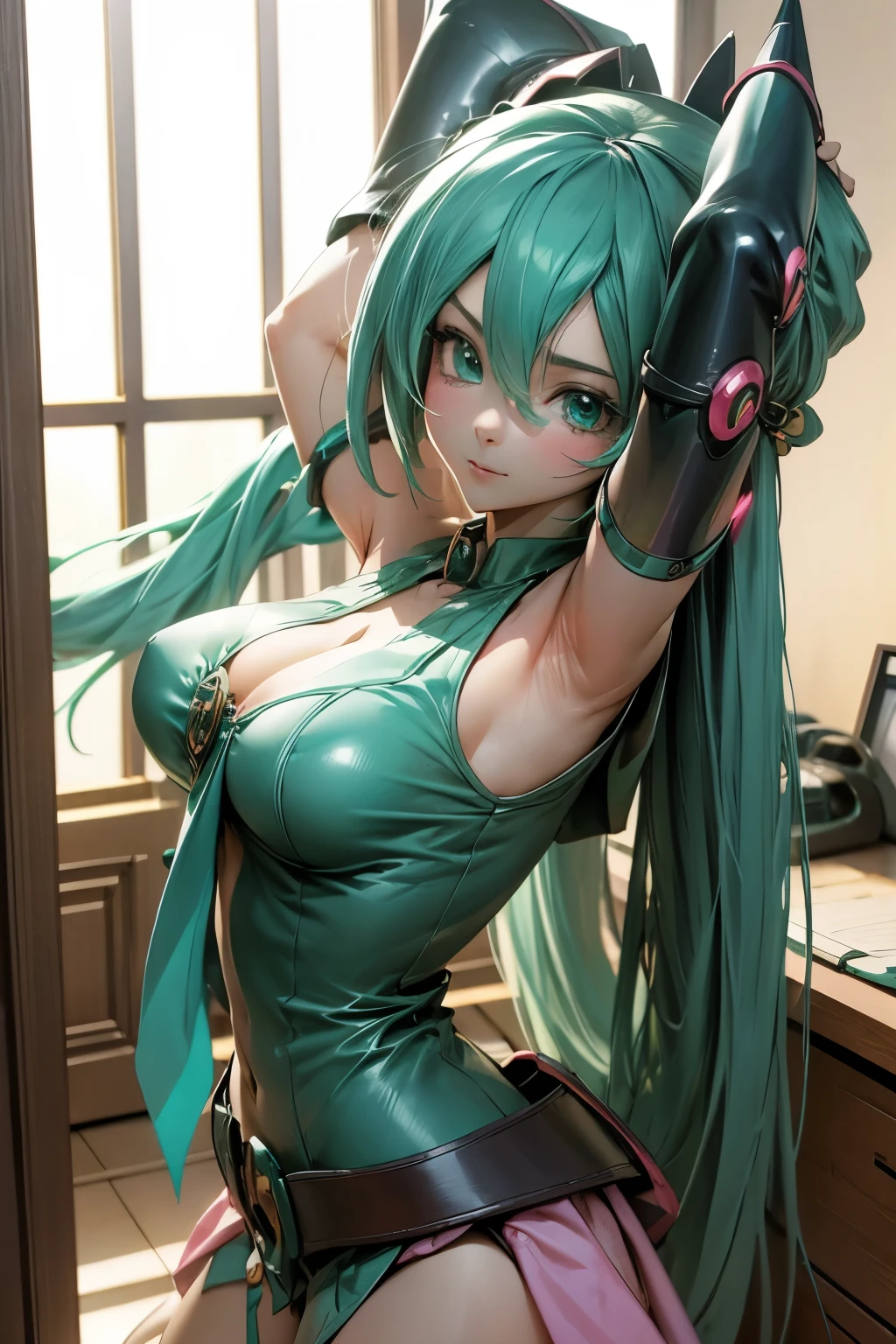 Hatsune Miku disfrazada de dark magician gils. Pose sexy y sensual. Grandes tetas. Disfraz de dark magician gils