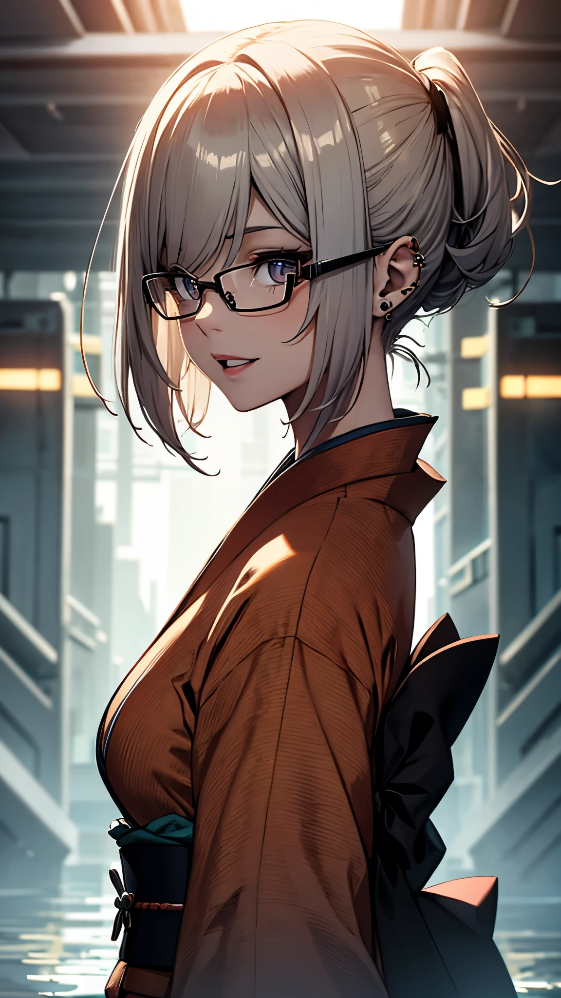 (1girl:1.3), Masterpiece, Best quality, amazing beauty, [[3D]], 4K, absurdres, finely detail, super detailed eye, perfect anatomy, official art, cinematic lighting, BREAK, mountain, silky pixie cut, two side up, parted bang, gray hair, super shiny detailed black eye, big eyes, watery eyes, cute eyes, thick eyebrow, Looking Back, open-mouth, full lips, wide smile, mascara, rouge, False eyelashes, red lips, red round cell frame glasses, piercing, excited face, BREAK , big breasts, tall, slender, white skin, detailed skin, Are standing, from below, Bold composition, Underlighting, BREAK , (kimono:1.3), BREAK,(Glasses)