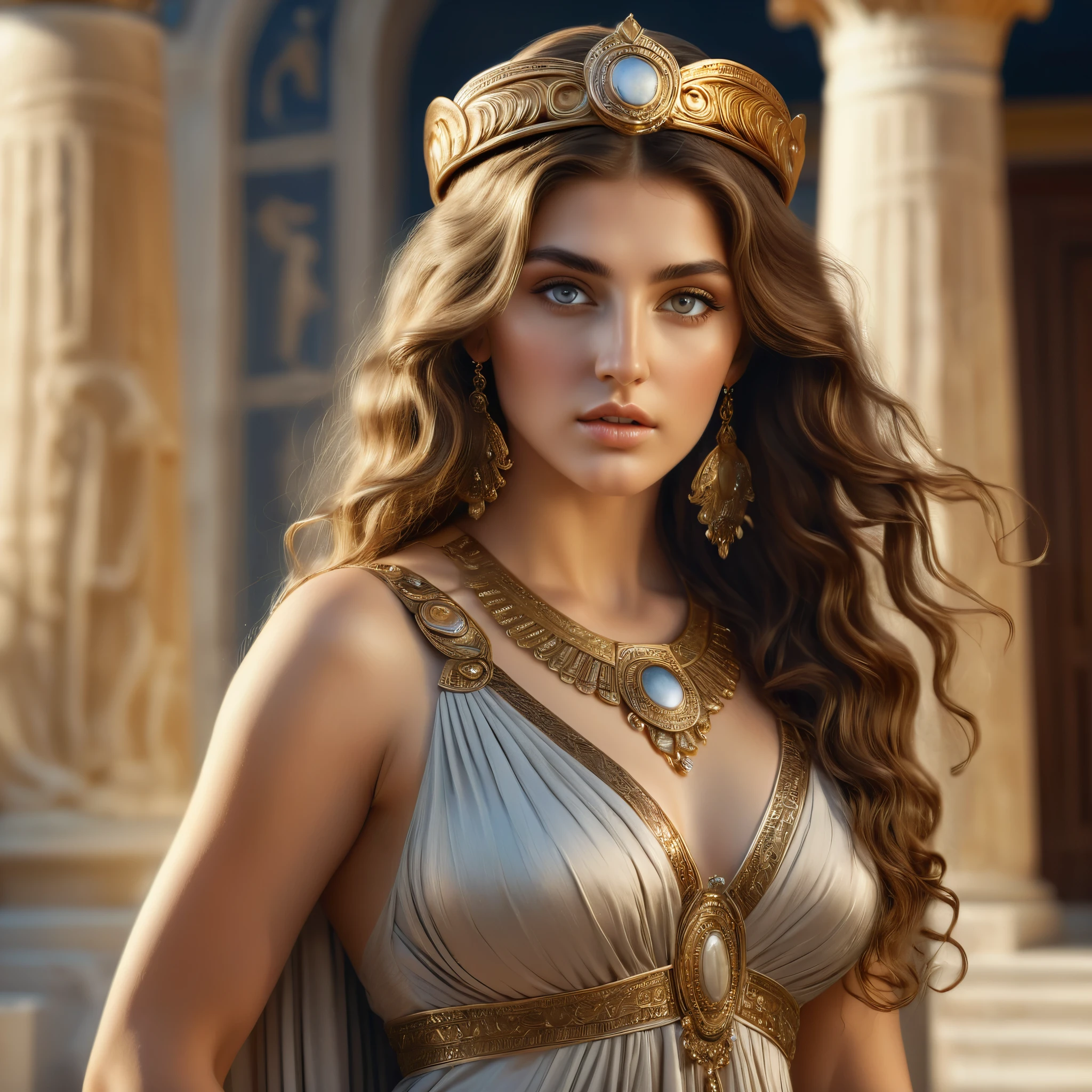 a detailed portrait of a beautiful greek goddess athena, long brown wavy hair, piercing gray eyes, elegant features, slender figure, nice round buttocks, intricate ornate jewelry, greek chiton dress, detailed facial features, hyper realistic, 8k, photorealistic, dramatic lighting, warm color tones, cinematic composition, masterpiece