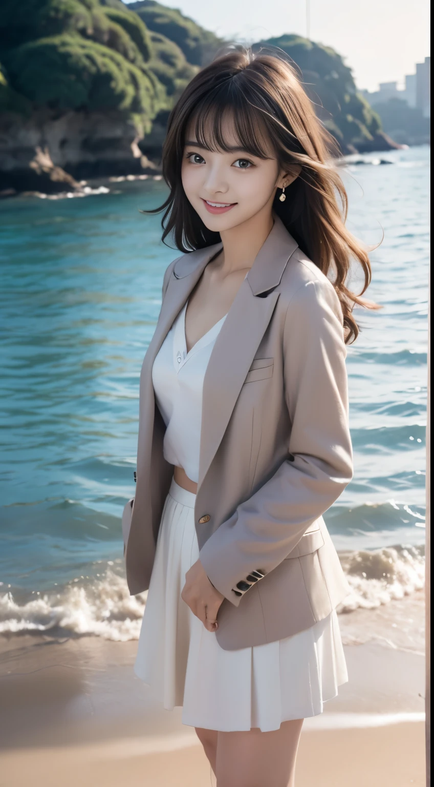 Woman standing in the sea as the sun rises、Sea at dawn、(Wearing a navy blue blazer、Wearing a white blouse、Wearing a red flared skirt)、Wearing pumps、The wind is blowing、A bag is hanging from the right shoulder、Beauty、20-year-old、university student、Uniform, cool-looking eyes、Well-balanced proportionedium build、Small face、Small breasts、Small Ass、The neck is short、Uniform left and right eyes、, black hair, long hair, messy hair, floating hair, earrings, parted lips, happy, seductive smile, symbol-shaped pupils, Surrealism, Verism, cinematic lighting, first-person view, f/1.2, Nikon, UHD, best quality, highres, 8k, anatomically correct, textured skin, high details