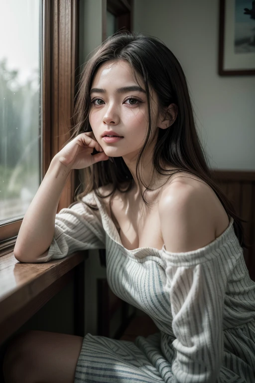 (melhor qualidade, ultra detalhado, golden ratio, Obra de arte:1.2), Theatrical lighting:0.7, Foto de uma mulher japonesa de pele clara, vestida com um vestido muito elegante e bonito, Rosto raro perfeito, (pele altamente detalhada), cabelo tingido preto, Hide your mouth with your hands, textura da pele, pale skin, pele brilhante, (afinar, tamanho grande:1.2), [:(Sharp focus on rare face, olhos perfeitos:1.2):0.2], Fotorrealista, film grain, put one foot forward、de baixo olhando para cima、look to the camera、Enfatize os ombros, foco no rosto、meias、copos、Sorria com os cantos da boca levantados、Disdainful expression, summer fog, cores suaves, cores quentes suaves, Cinematic portrait photo of a woman dressed in a striped dress sitting near the window in the early morning, cinematic, (inclinado:1.3) (em um trem velho) appear cautious, parado sob um holofote, volumetric dust clouds, luz principal, luz de fundo, soft natural lighting, photography Film grain ISO 400 lens 30 mm RAW f1.8 abertura, altamente detalhado (analog photography:1), cores hdr