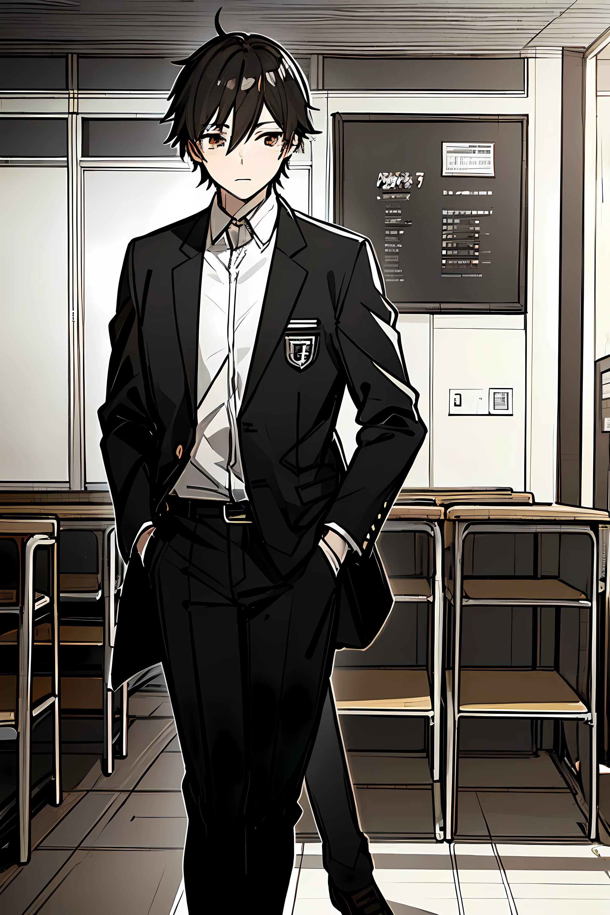 Takuya Aoyama, a 16-year-old male student, with sloppily combed black hair and brown eyes, with a dark expression, profile picture, light novel style. school environment, high school, masterpiece.