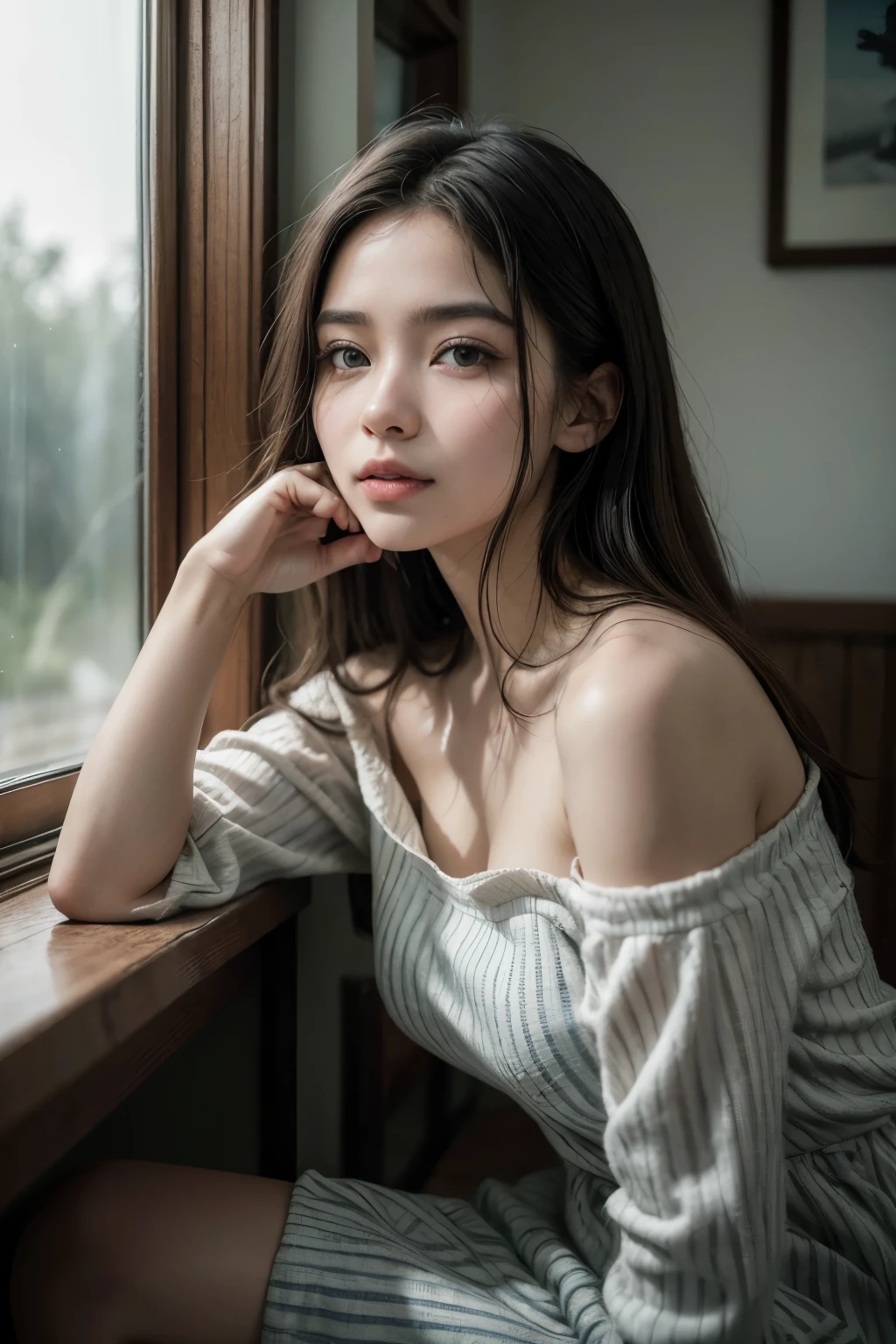 (melhor qualidade, ultra detalhado, golden ratio, Obra de arte:1.2), Theatrical lighting:0.7, Foto de uma mulher japonesa de pele clara, vestida com um vestido muito elegante e bonito, Rosto raro perfeito, (pele altamente detalhada), cabelo tingido preto, Hide your mouth with your hands, textura da pele, pale skin, pele brilhante, (afinar, tamanho grande:1.2), [:(Sharp focus on rare face, olhos perfeitos:1.2):0.2], Fotorrealista, film grain, put one foot forward、de baixo olhando para cima、look to the camera、Enfatize os ombros, foco no rosto、meias、copos、Sorria com os cantos da boca levantados、Disdainful expression, summer fog, cores suaves, cores quentes suaves, Cinematic portrait photo of a woman dressed in a striped dress sitting near the window in the early morning, cinematic, (inclinado:1.3) (em um trem velho) appear cautious, parado sob um holofote, volumetric dust clouds, luz principal, luz de fundo, soft natural lighting, photography Film grain ISO 400 lens 30 mm RAW f1.8 abertura, altamente detalhado (analog photography:1), cores hdr