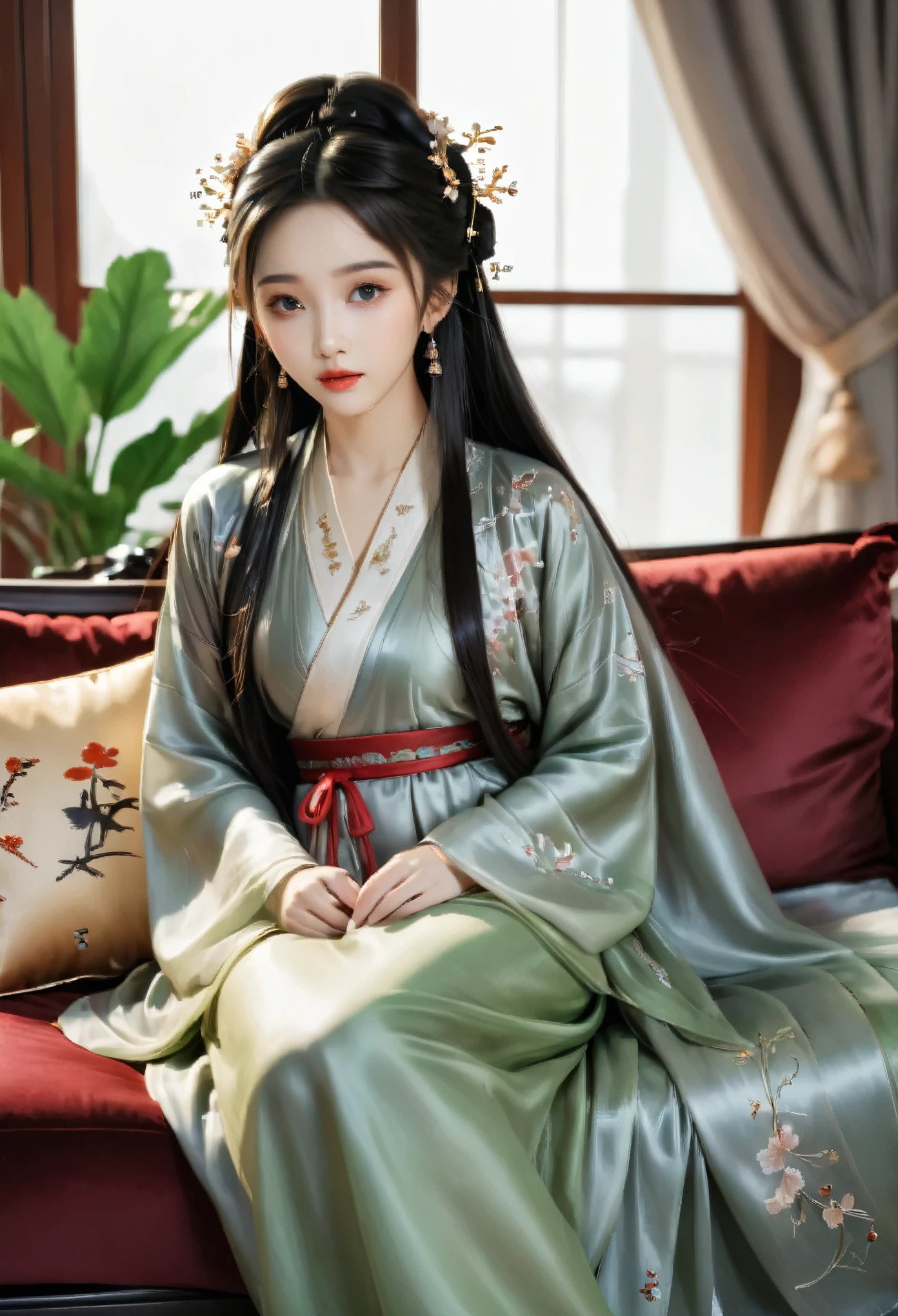 Create super beautiful ancient china woman with long thick hair, thick lips, big bust, beautiful legs, sitting on cozy brown sofa with leather and grey fur. She's only wearing beautiful maroon inner garment with green silk plants embroidery on it. Besides the lady on the sofa there's also cute plump handsome 2 year old boy aka her son in grey short outfits (short male hanfu) the boy is holding a snacks in his plump fingers. Both are sitting on sofa near big bright window shown spring green scenery outside.