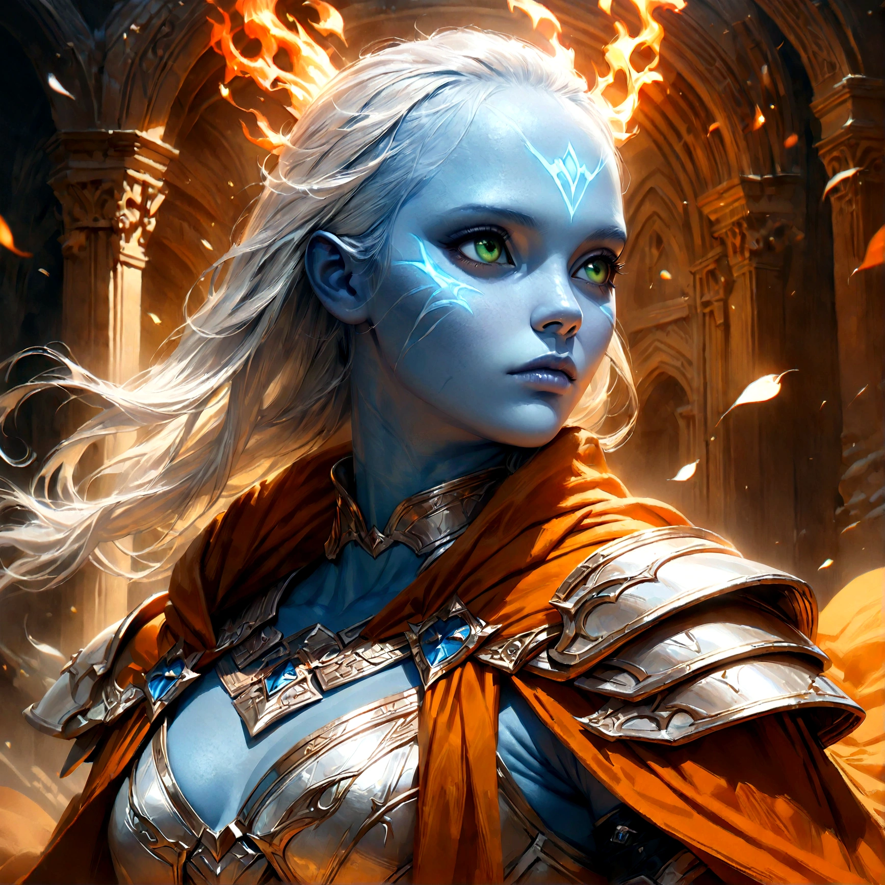 fantasy art, dnd art, RPG art, wide shot, (masterpiece: 1.4) a (portrait: 1.3) intense details, highly detailed, photorealistic, best quality, highres, portrait a female (fantasy art, Masterpiece, best quality: 1.3) ((blue skin: 1.5)), intense details facial details, exquisite beauty, (fantasy art, Masterpiece, best quality) cleric, (blue skinned: 1.3) female, white hair, long hair, ((no ears: 1.5)), (green eyes: 1.3), armed with a fiery sword red fire, wearing heavy (white armor: 1.3), wearing high heeled laced boots, wearing an (orange cloak:1.3), wearing glowing holy symbol GlowingRunes_yellow, within fantasy temple background, reflection light, high details, best quality, 16k, [ultra detailed], masterpiece, best quality, (extremely detailed), close up, ultra wide shot, photorealistic, RAW, fantasy art, dnd art, fantasy art, realistic art,((best quality)), ((masterpiece)), (detailed), perfect face, Cinematic Hollywood Film style