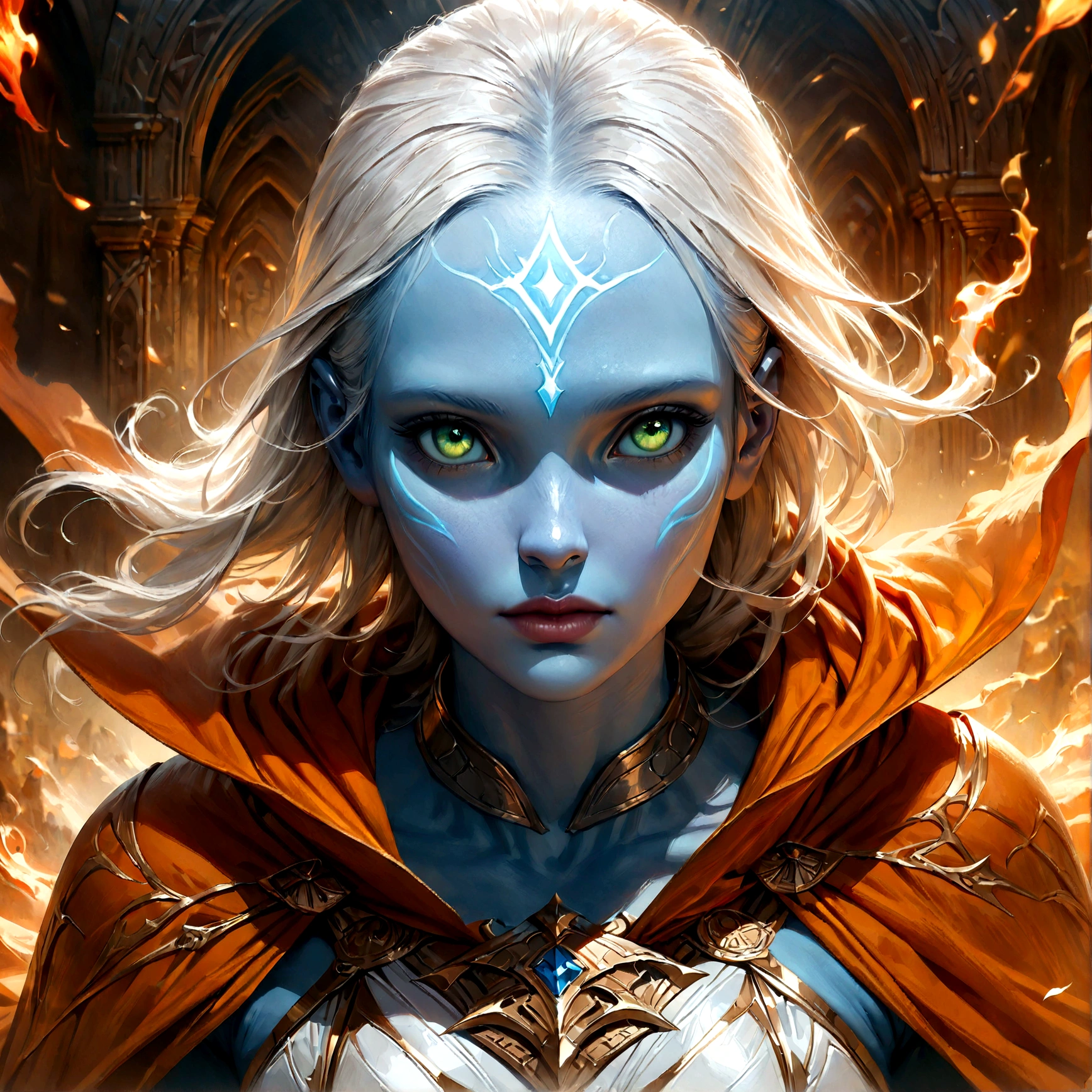 fantasy art, dnd art, RPG art, wide shot, (masterpiece: 1.4) a (portrait: 1.3) intense details, highly detailed, photorealistic, best quality, highres, portrait a female (fantasy art, Masterpiece, best quality: 1.3) ((blue skin: 1.5)), intense details facial details, exquisite beauty, (fantasy art, Masterpiece, best quality) cleric, (blue skinned: 1.3) female, white hair, long hair, ((no ears: 1.5)), (green eyes: 1.3), armed with a fiery sword red fire, wearing heavy (white armor: 1.3), wearing high heeled laced boots, wearing an (orange cloak:1.3), wearing glowing holy symbol GlowingRunes_yellow, within fantasy temple background, reflection light, high details, best quality, 16k, [ultra detailed], masterpiece, best quality, (extremely detailed), close up, ultra wide shot, photorealistic, RAW, fantasy art, dnd art, fantasy art, realistic art,((best quality)), ((masterpiece)), (detailed), perfect face, Cinematic Hollywood Film style