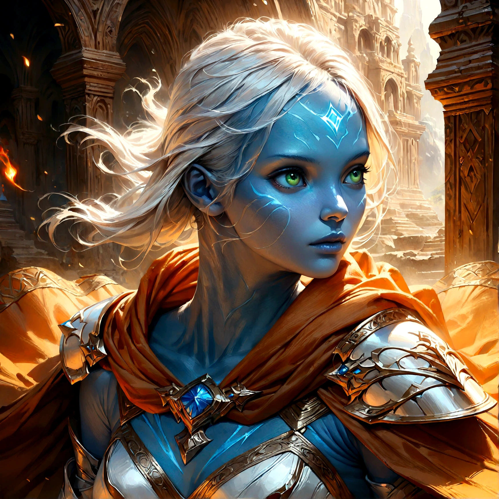fantasy art, dnd art, RPG art, wide shot, (masterpiece: 1.4) a (portrait: 1.3) intense details, highly detailed, photorealistic, best quality, highres, portrait a female (fantasy art, Masterpiece, best quality: 1.3) ((blue skin: 1.5)), intense details facial details, exquisite beauty, (fantasy art, Masterpiece, best quality) cleric, (blue skinned: 1.3) female, white hair, long hair, ((no ears: 1.5)), (green eyes: 1.3), armed with a fiery sword red fire, wearing heavy (white armor: 1.3), wearing high heeled laced boots, wearing an (orange cloak:1.3), wearing glowing holy symbol GlowingRunes_yellow, within fantasy temple background, reflection light, high details, best quality, 16k, [ultra detailed], masterpiece, best quality, (extremely detailed), close up, ultra wide shot, photorealistic, RAW, fantasy art, dnd art, fantasy art, realistic art,((best quality)), ((masterpiece)), (detailed), perfect face, Cinematic Hollywood Film style